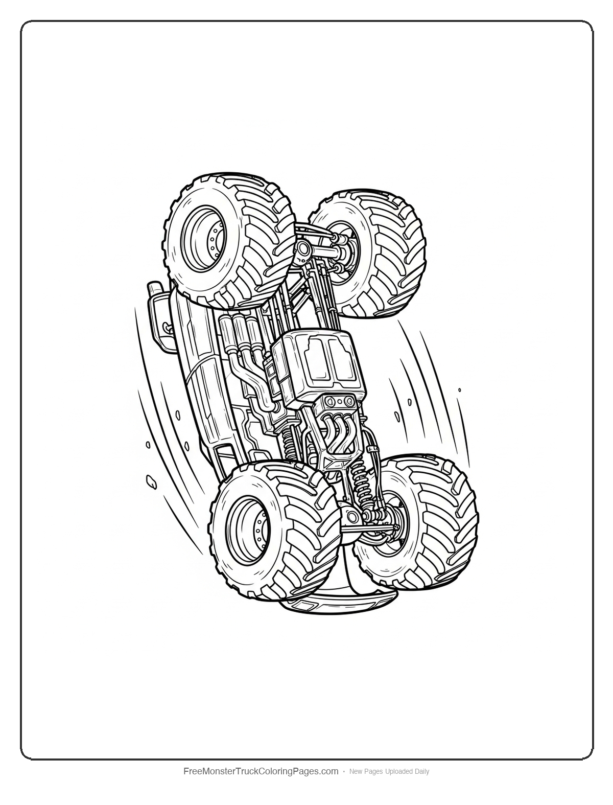 Black and white coloring page of a monster truck performing a backflip in mid-air with detailed mechanical parts and action lines