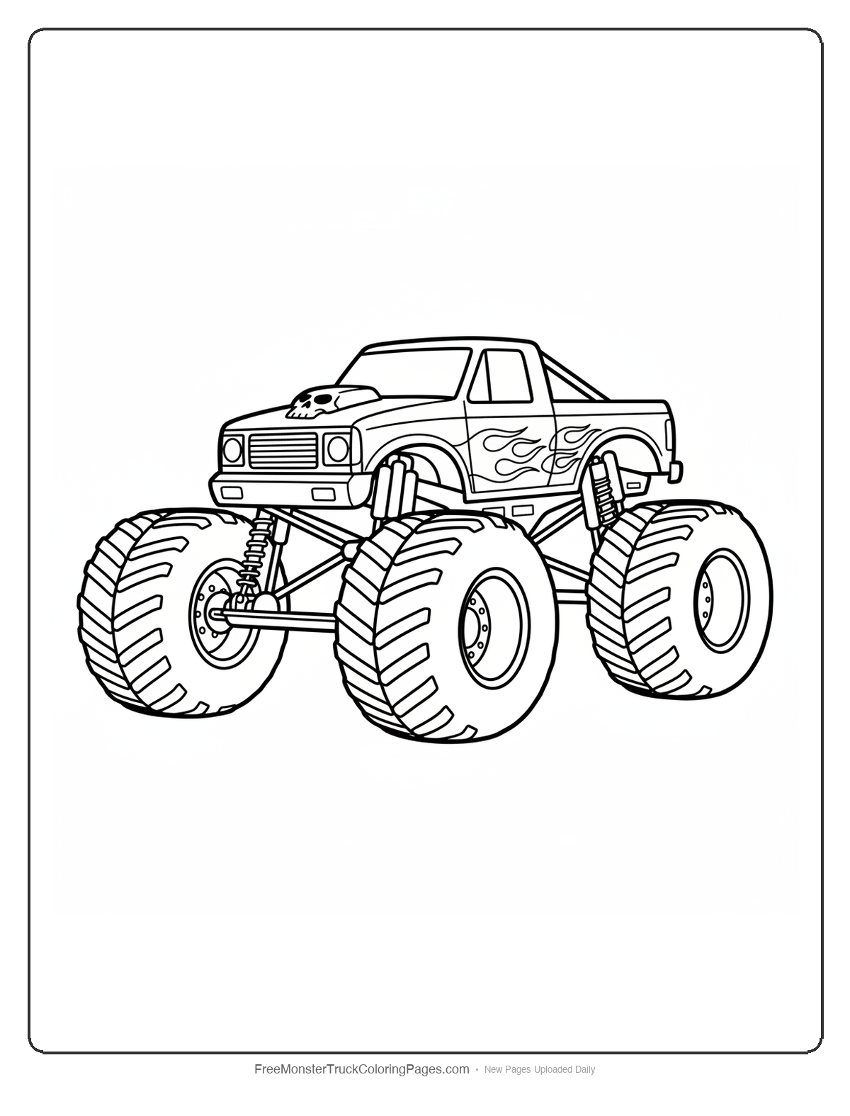 Black and white coloring page of a monster truck decorated with bagel shapes and sesame seed patterns