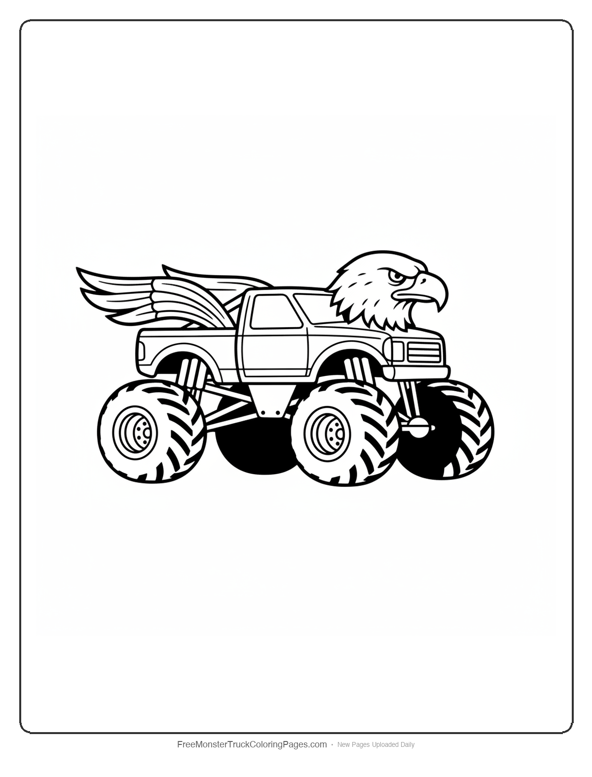 Black and white coloring page of a monster truck with a large bald eagle head sculpture on the hood