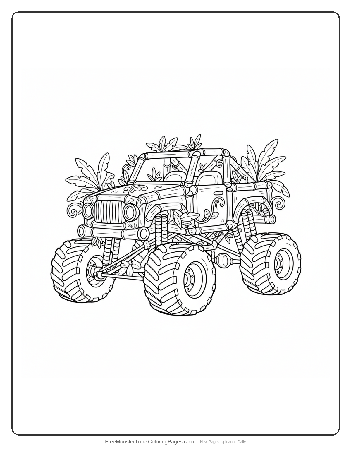 Black and white coloring page of a monster truck with bamboo frame structure and jungle plant details