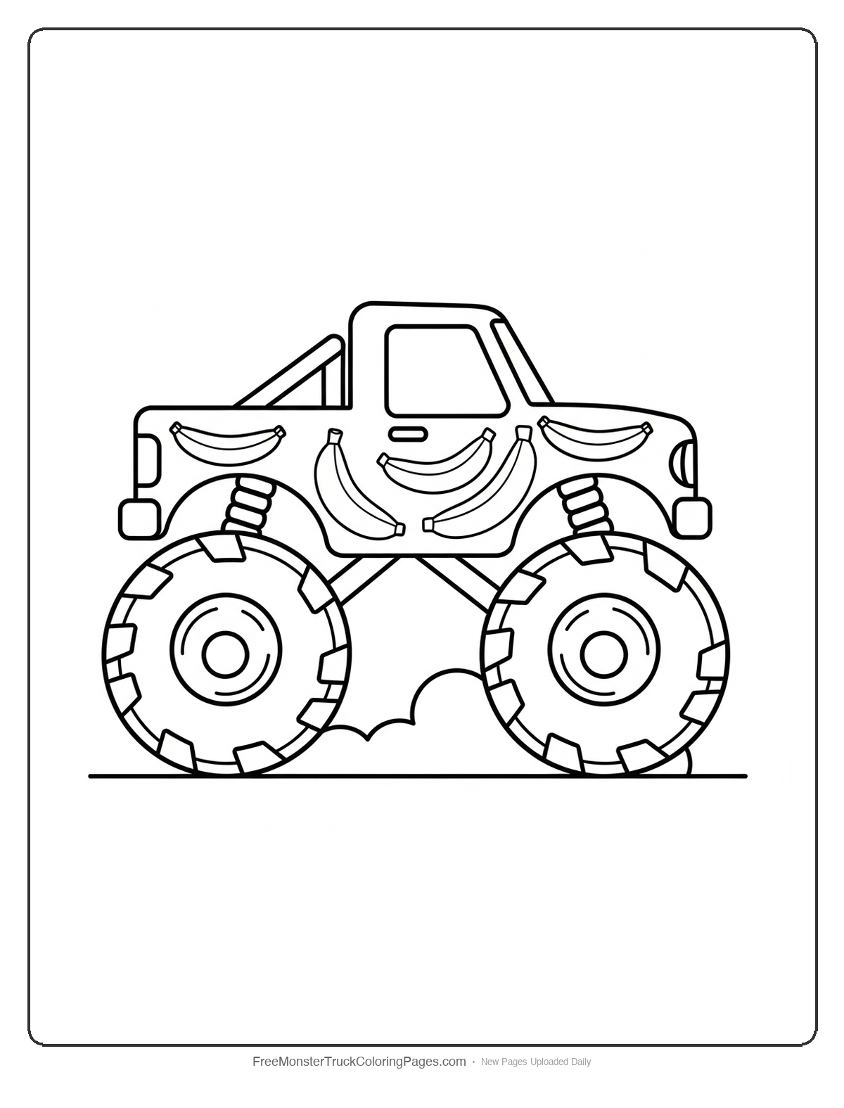 Black and white coloring page of a monster truck decorated with banana designs and large wheels