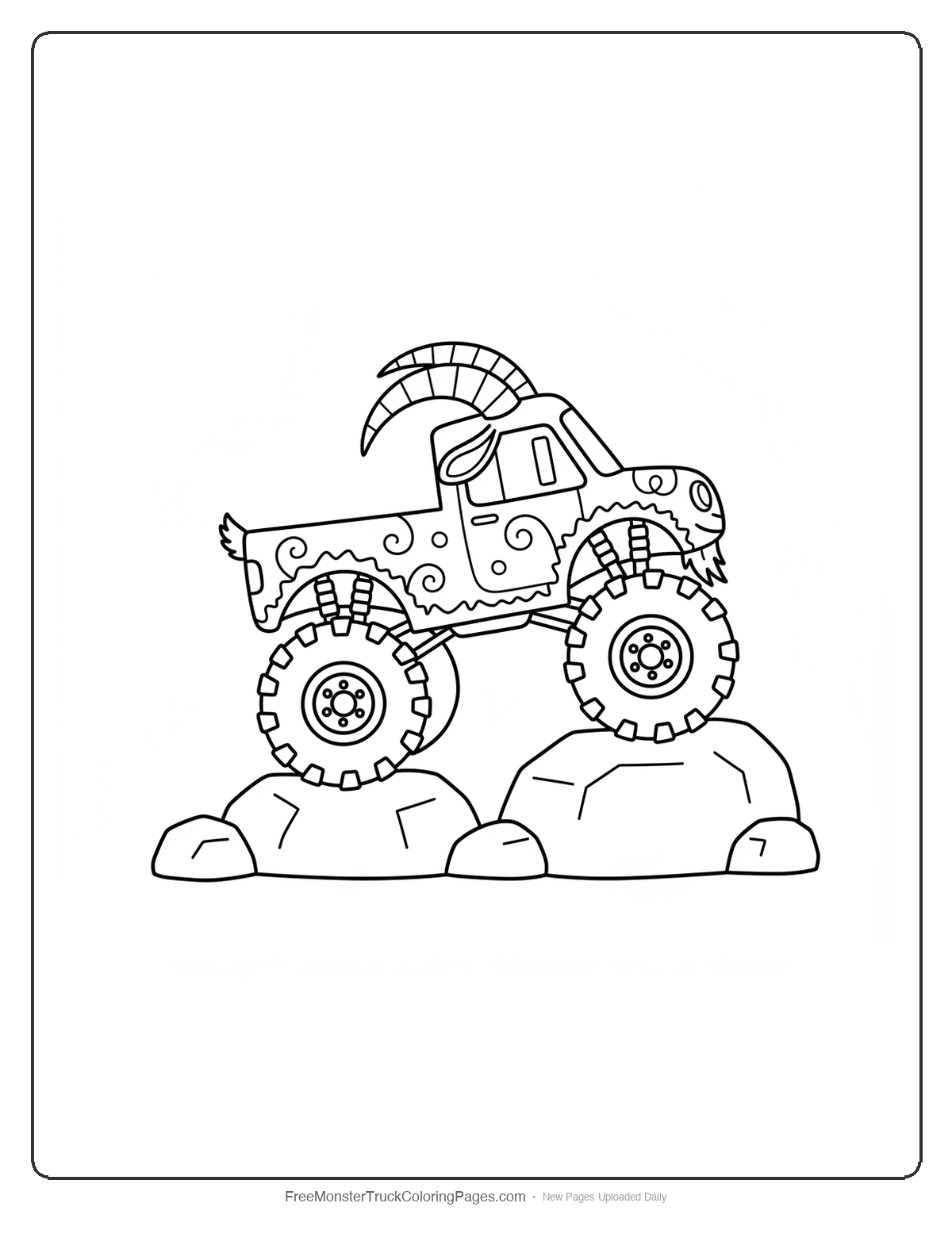 Black and white coloring page of a monster truck with goat horns and beard, detailed patterns