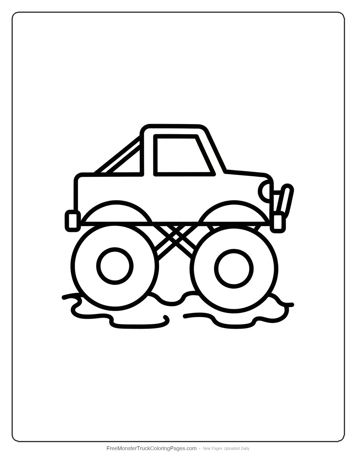 Simple mud monster truck coloring page with basic shapes and thick lines for toddler coloring