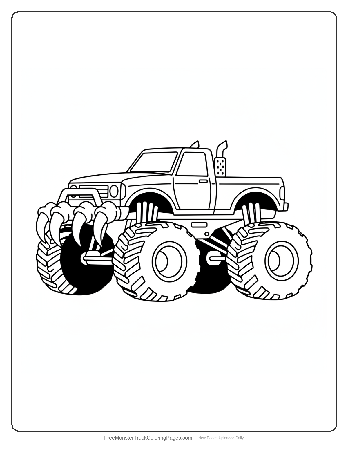 Black and white coloring page of a monster truck with a front bumper shaped like bat feet with hooked claws hanging downward