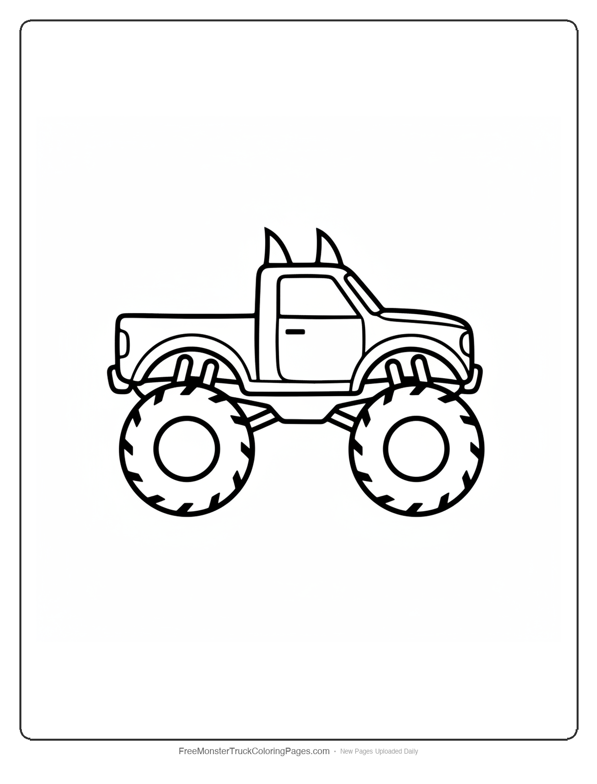 Black and white coloring page of a monster truck with two tall pointed bat ear shapes on the cab roof and narrow slit headlights