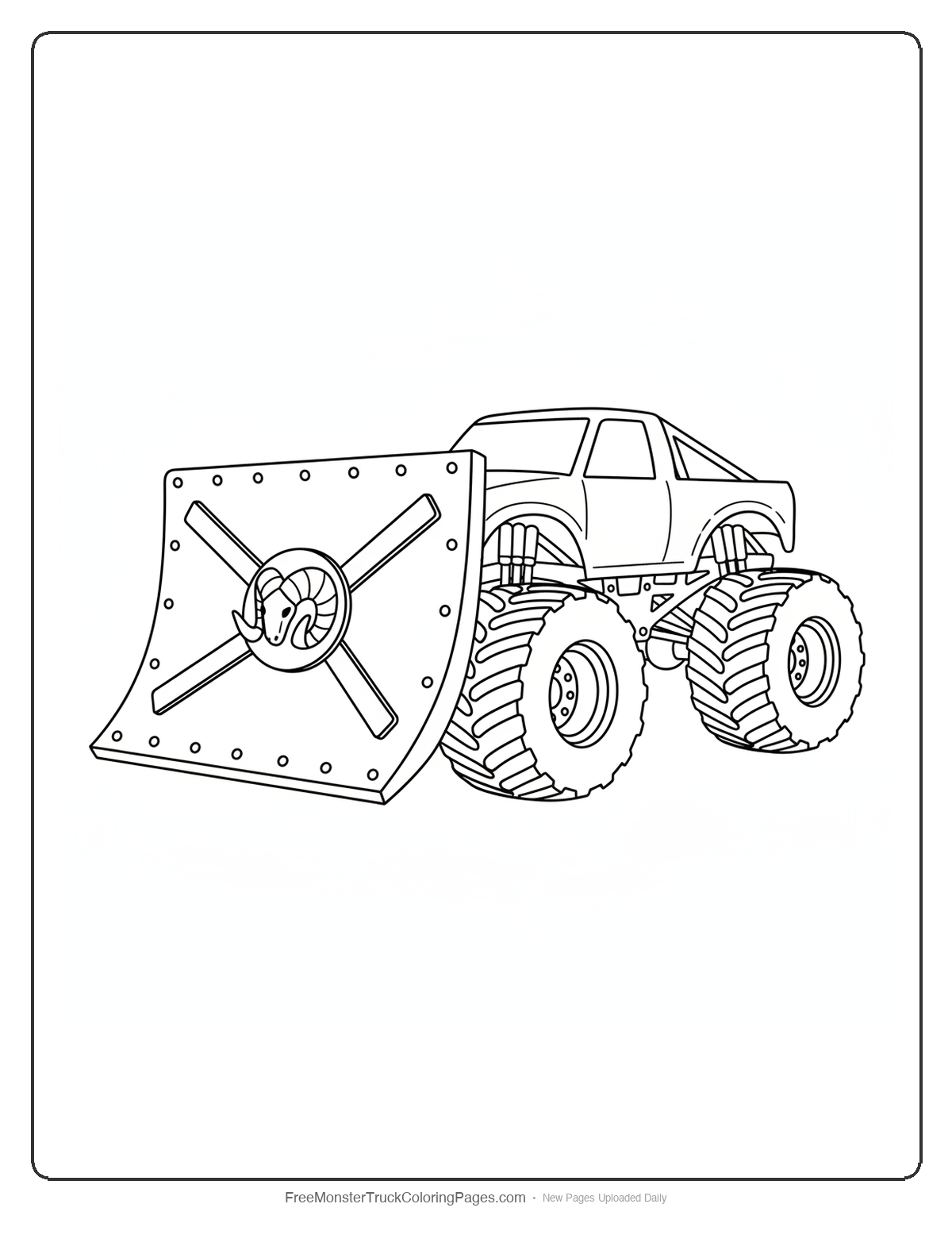 Black and white coloring page of a monster truck with a wide flat battering ram front plate and a spiral horn emblem