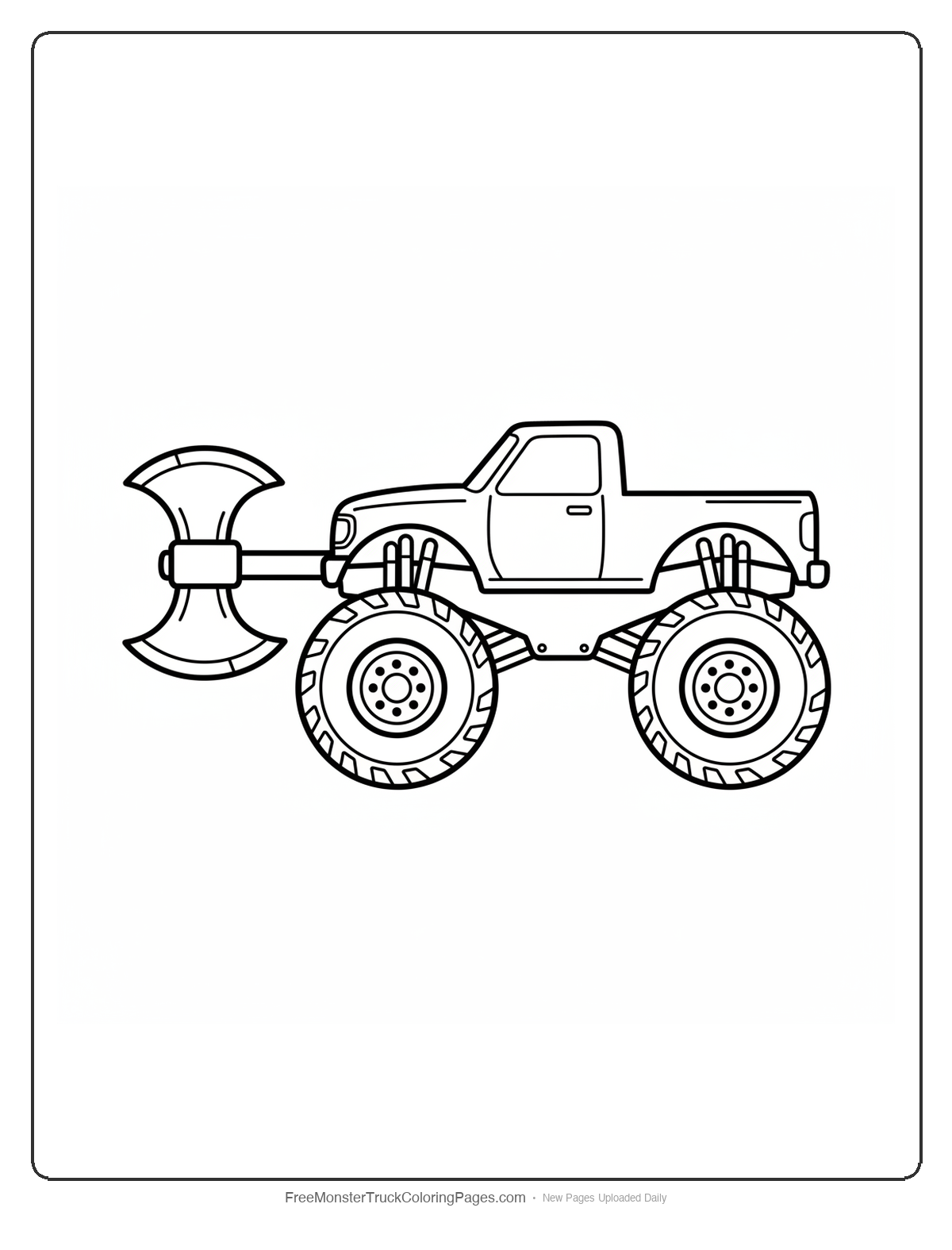 Black and white coloring page of a monster truck with a front bumper shaped like a double-headed viking battle axe