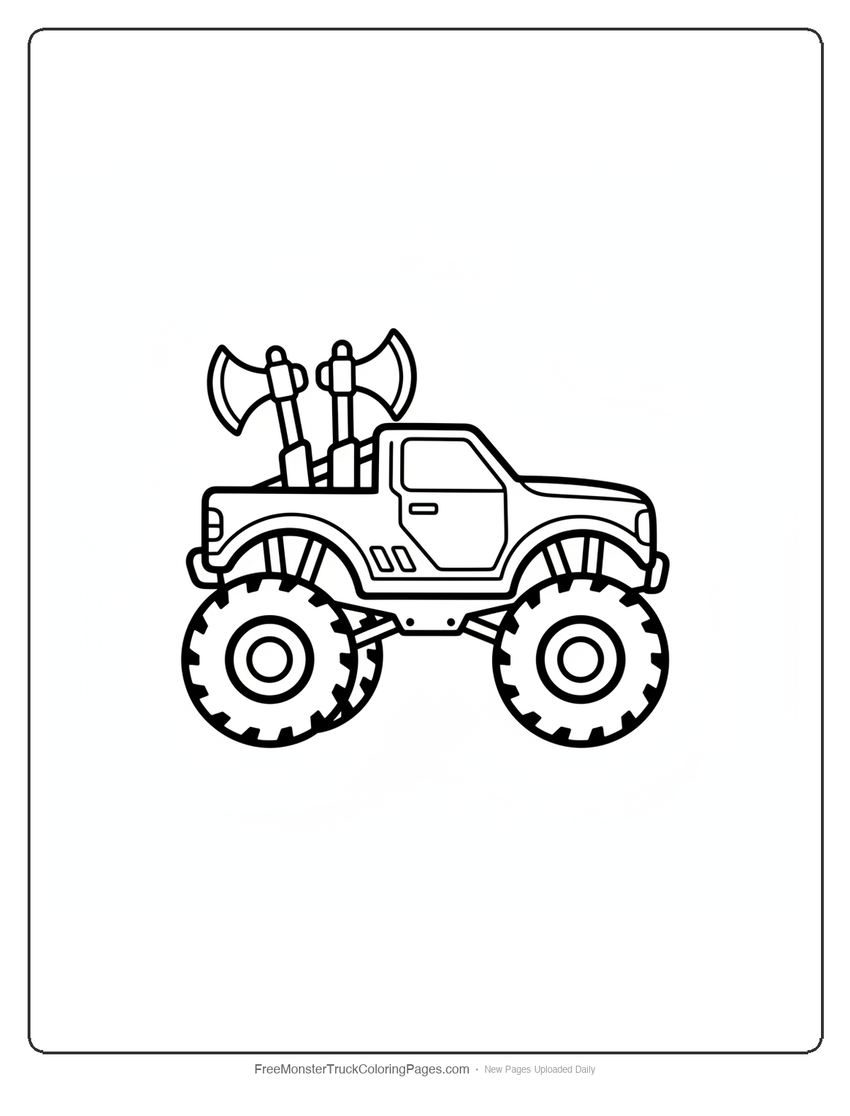 Black and white coloring page of a monster truck with two double-headed battle axe shaped exhaust pipes behind the cab