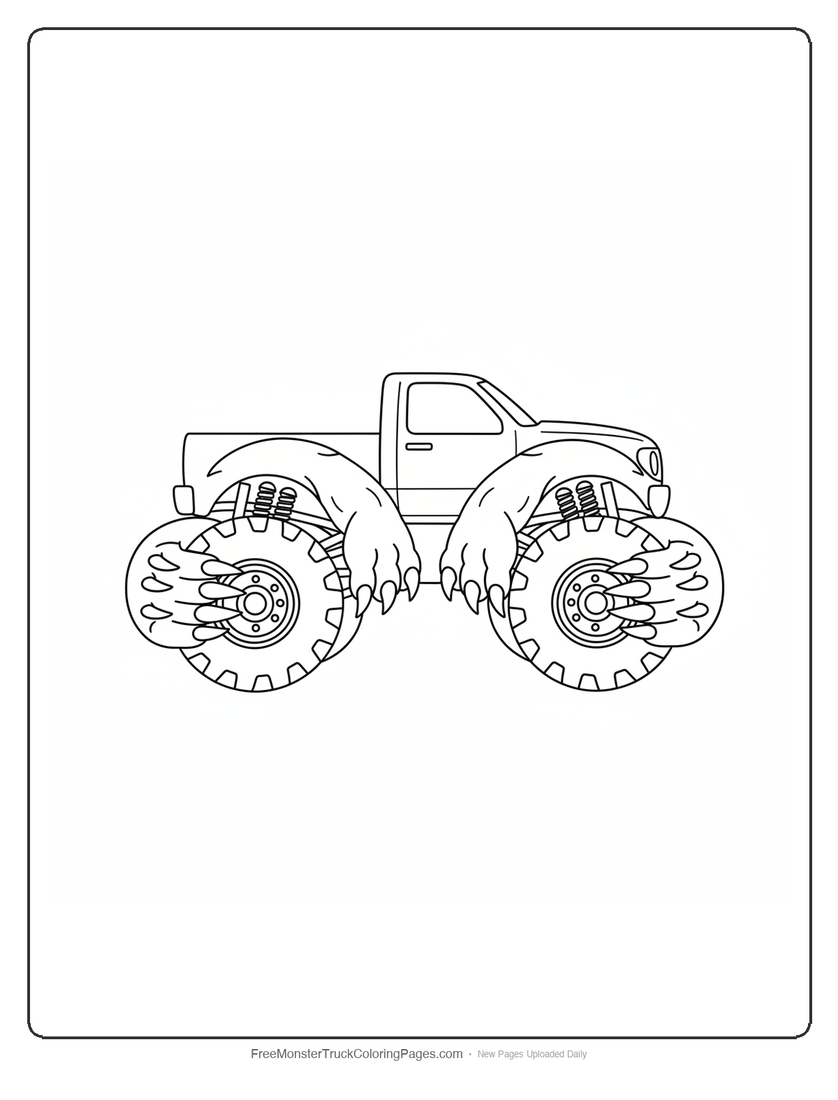 Black and white coloring page of a monster truck with bear arm shaped fenders wrapping around all four wheels