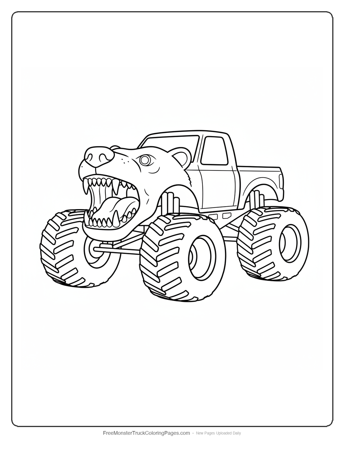 Black and white coloring page of a monster truck with a hood shaped like an open bear mouth with teeth