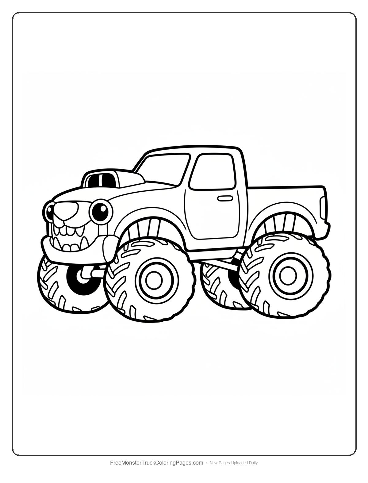 Black and white coloring page of a simple monster truck with a bear tooth grille and bear nose hood scoop