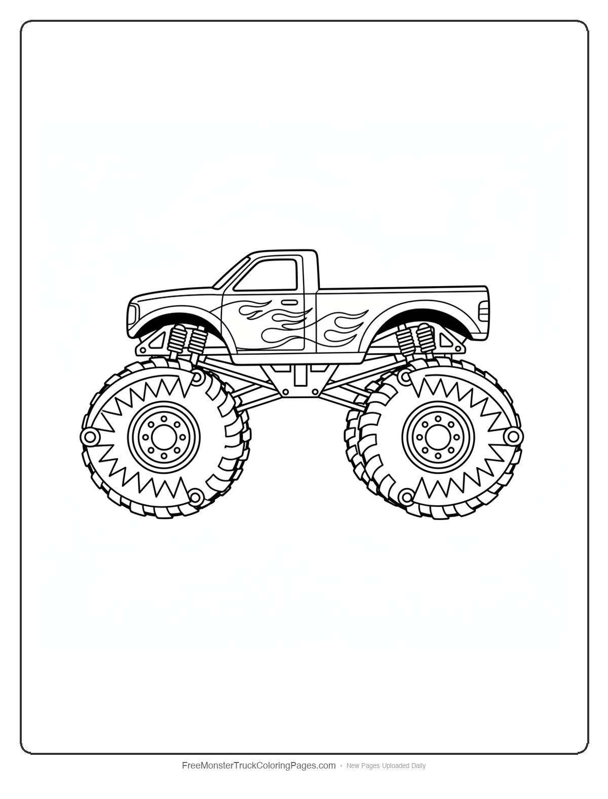 Black and white coloring page of a monster truck with bear trap shaped suspension springs on all four corners