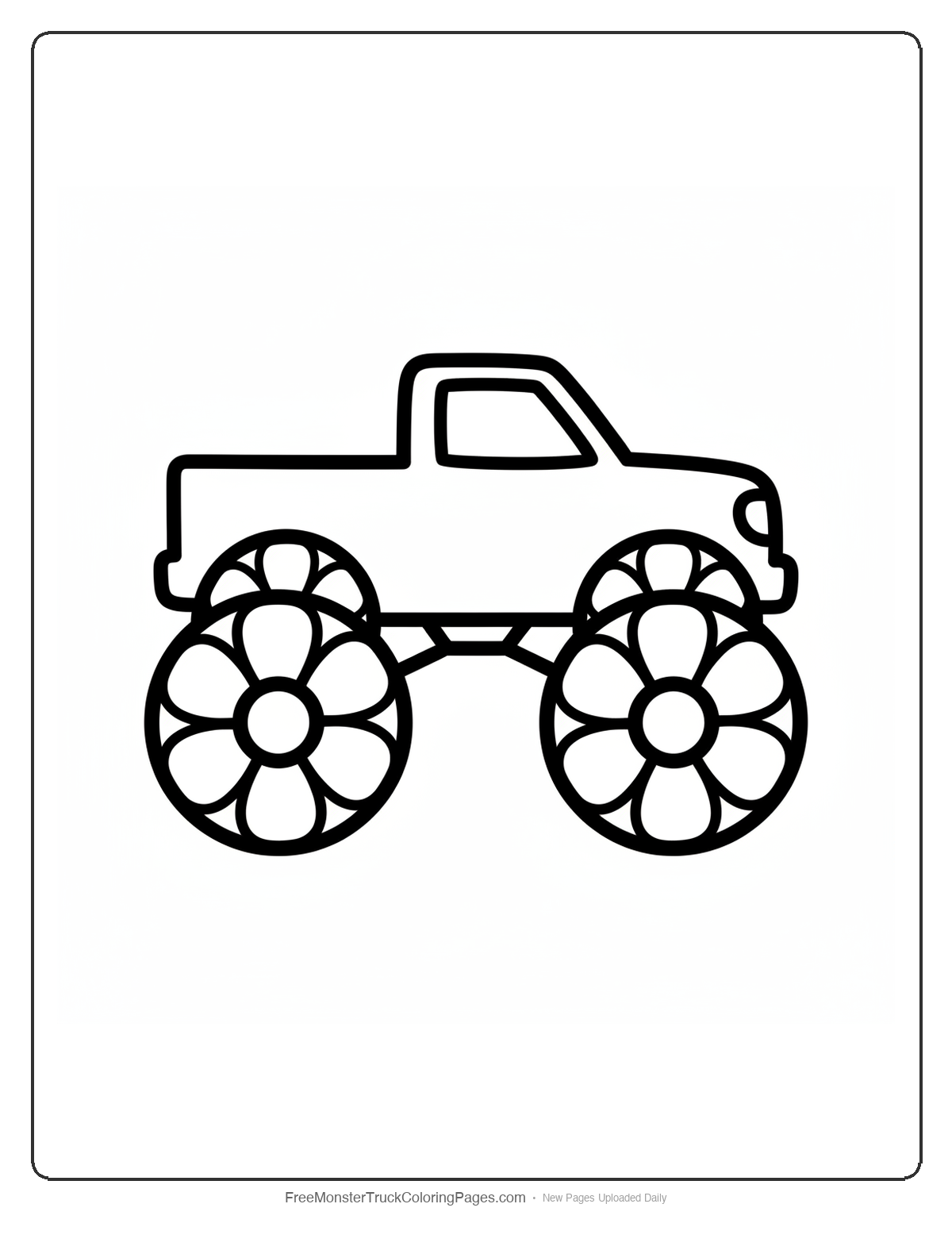 Simple coloring page of a monster truck with large flower blooms covering the oversized wheels