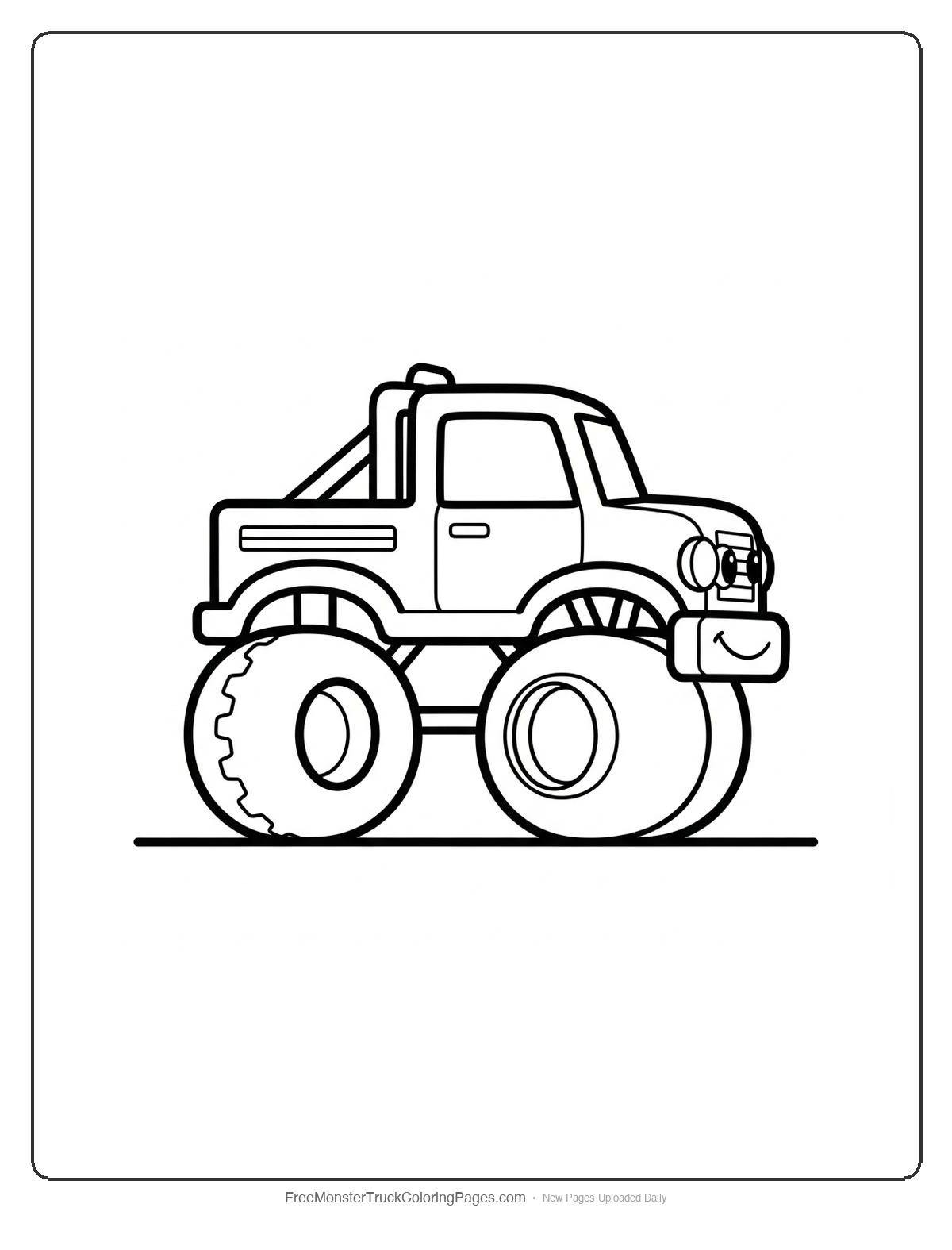 Simple monster truck coloring page with large wheels, basic truck body, and friendly face designed for toddlers