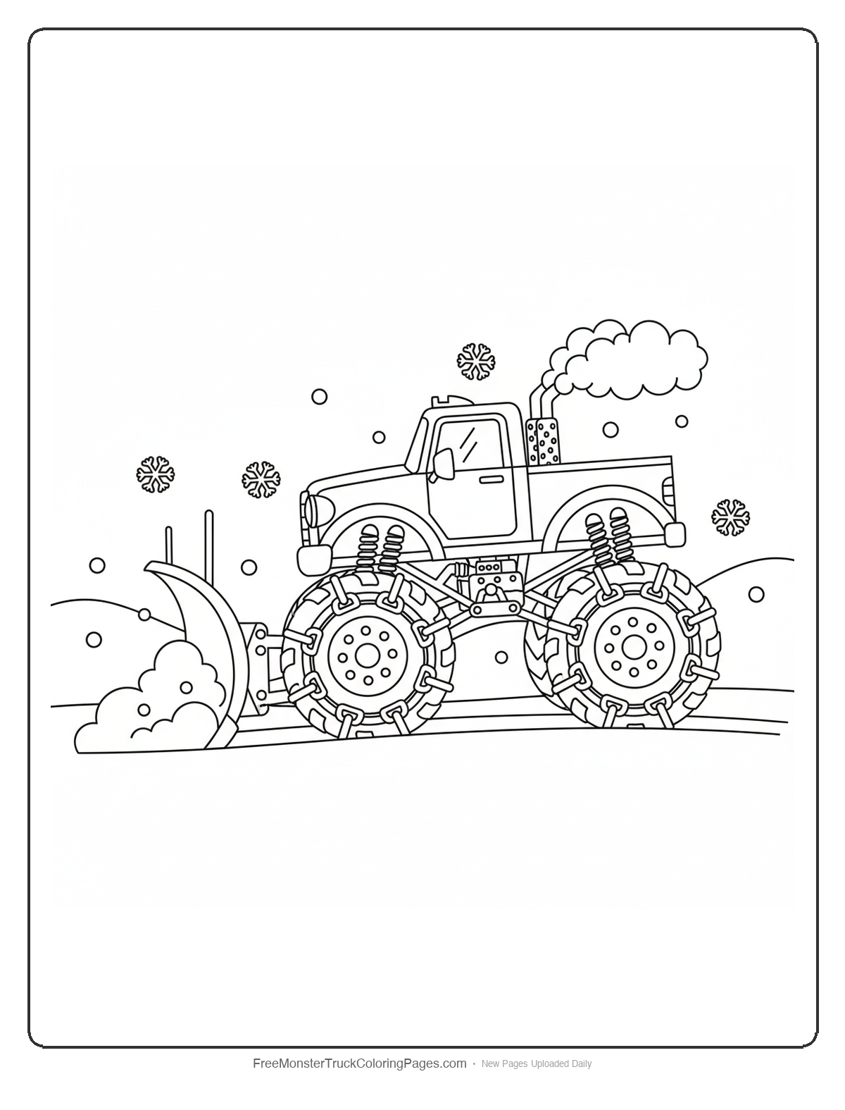Black and white coloring page of a monster truck with large snowplow blade, big tires with chains, and winter weather details