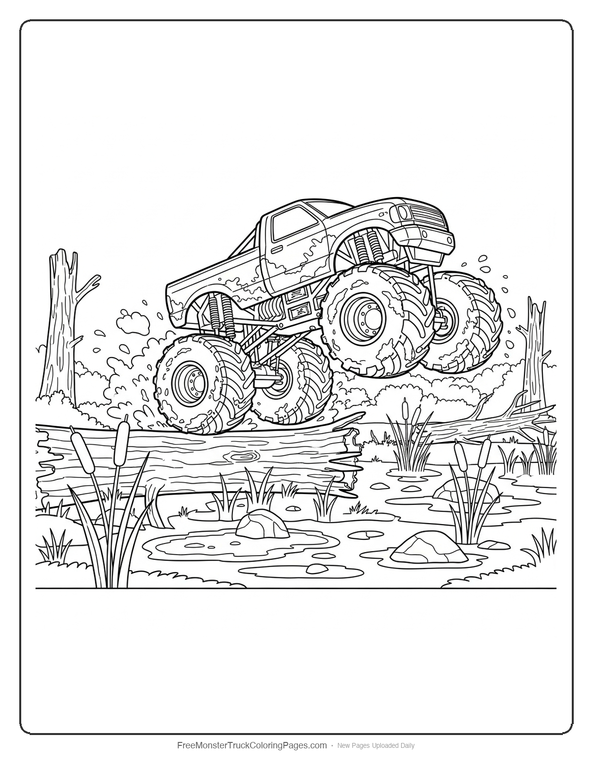 Coloring page of a monster truck jumping over a log in a mud bog with mud flying everywhere