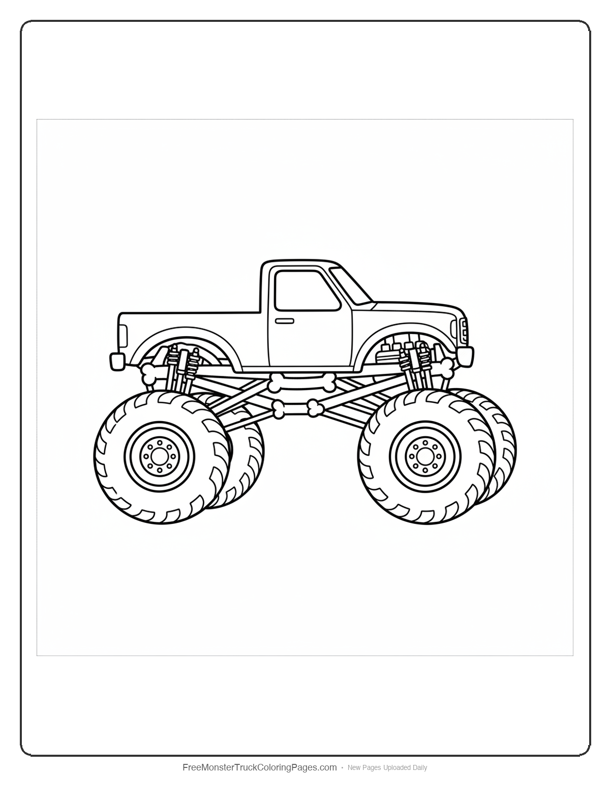 Black and white coloring page of a monster truck with a visible chassis frame made entirely of cartoon bone shapes