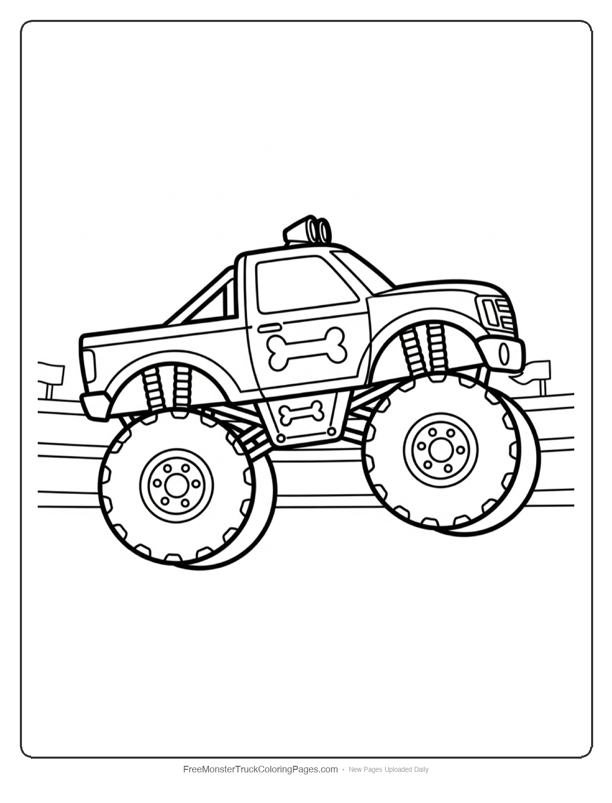 Black and white coloring page of Bone Rattler monster truck doing a backflip in the air with bone-themed design