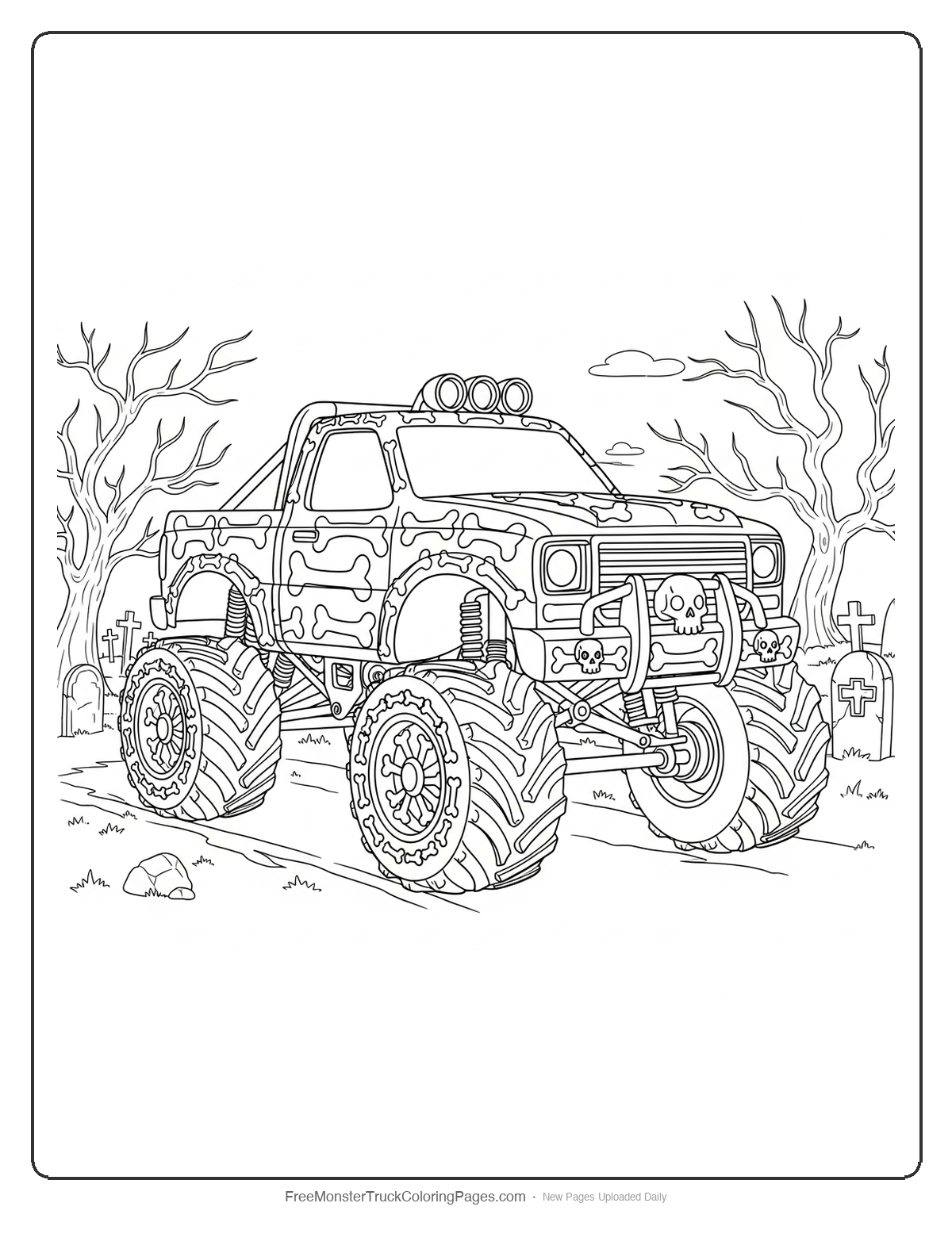 Black and white coloring page of a monster truck with bone decorations driving through a graveyard scene