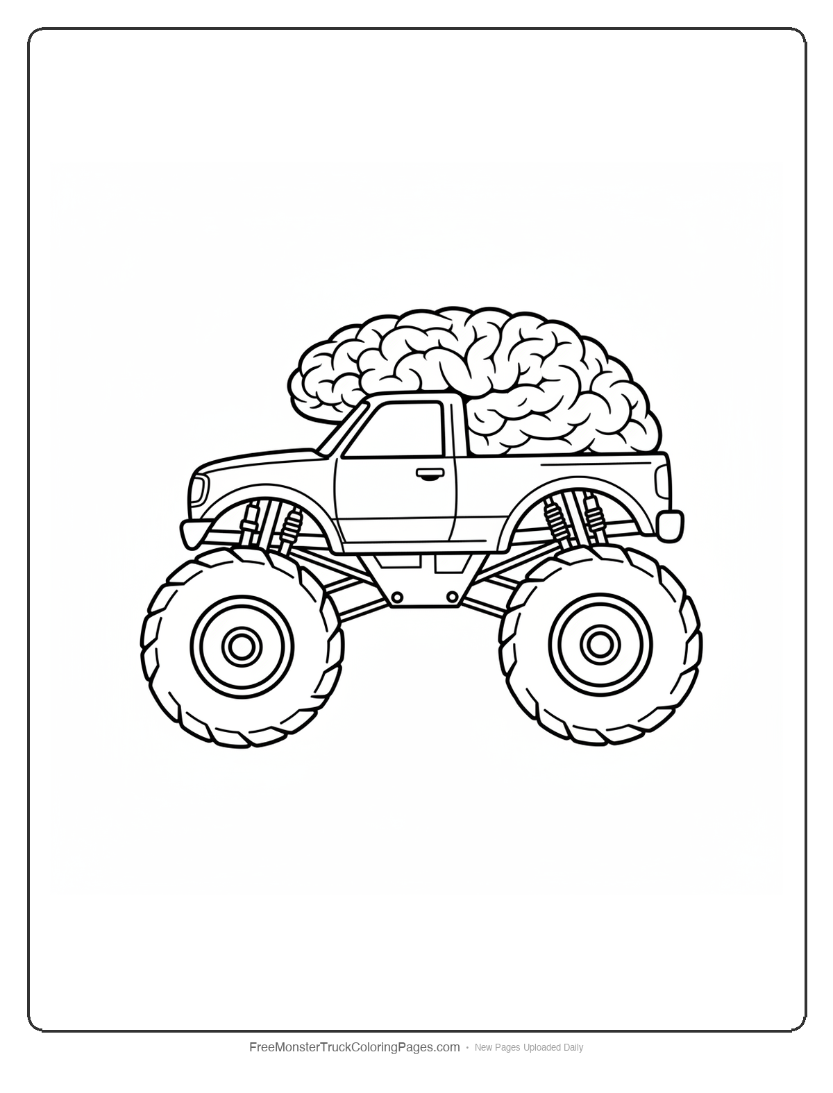 Black and white coloring page of a monster truck with a cab roof shaped like a giant cartoon brain with wrinkle textures