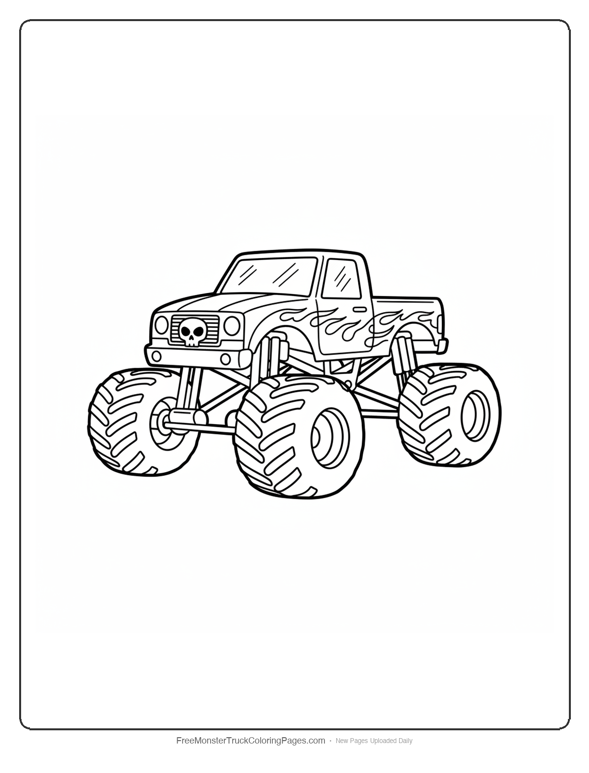 Black and white coloring page of a simple monster truck with bread loaf decorations and thick outlines for easy coloring