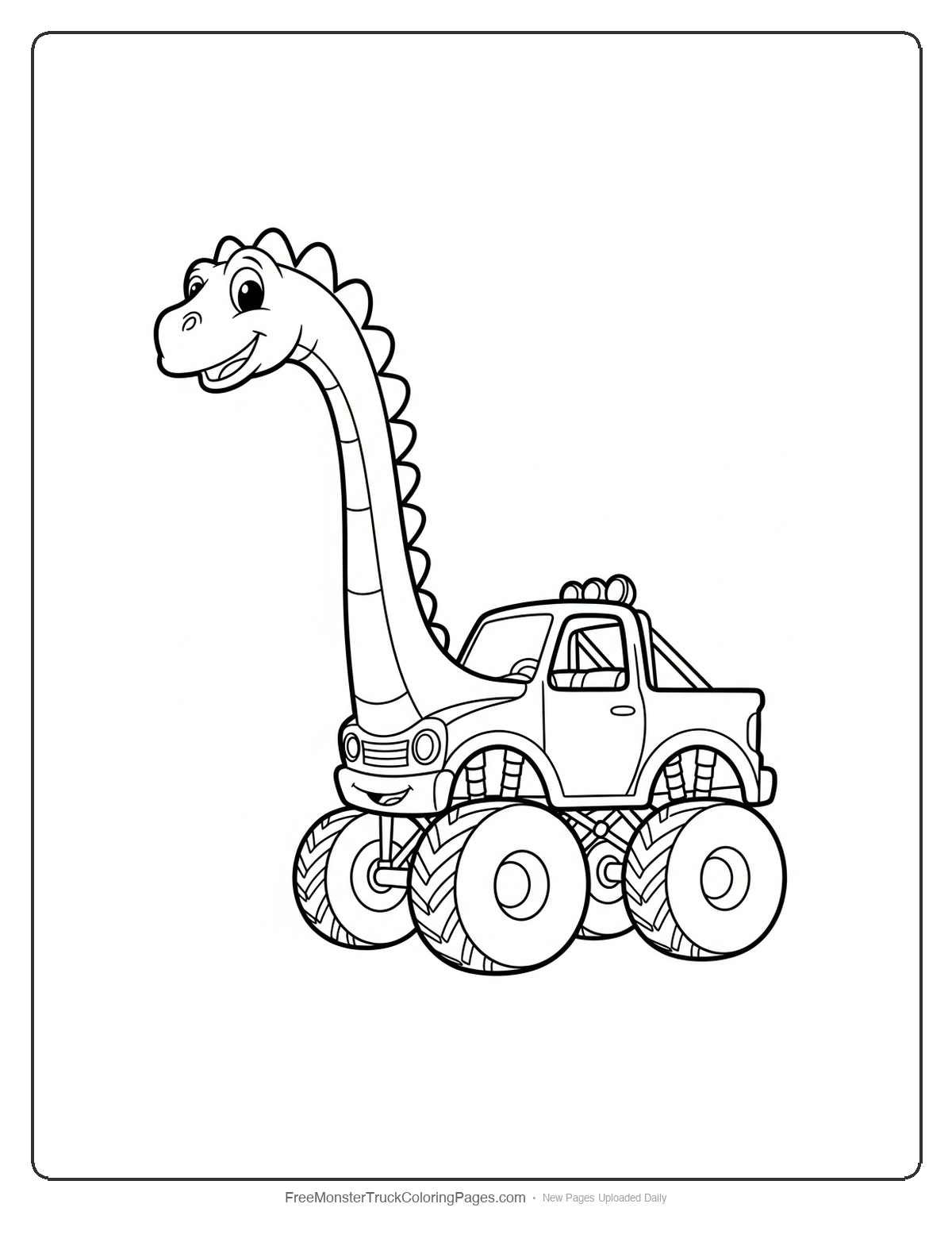Black and white coloring page of a monster truck with an extremely long front section resembling a Brontosaurus neck