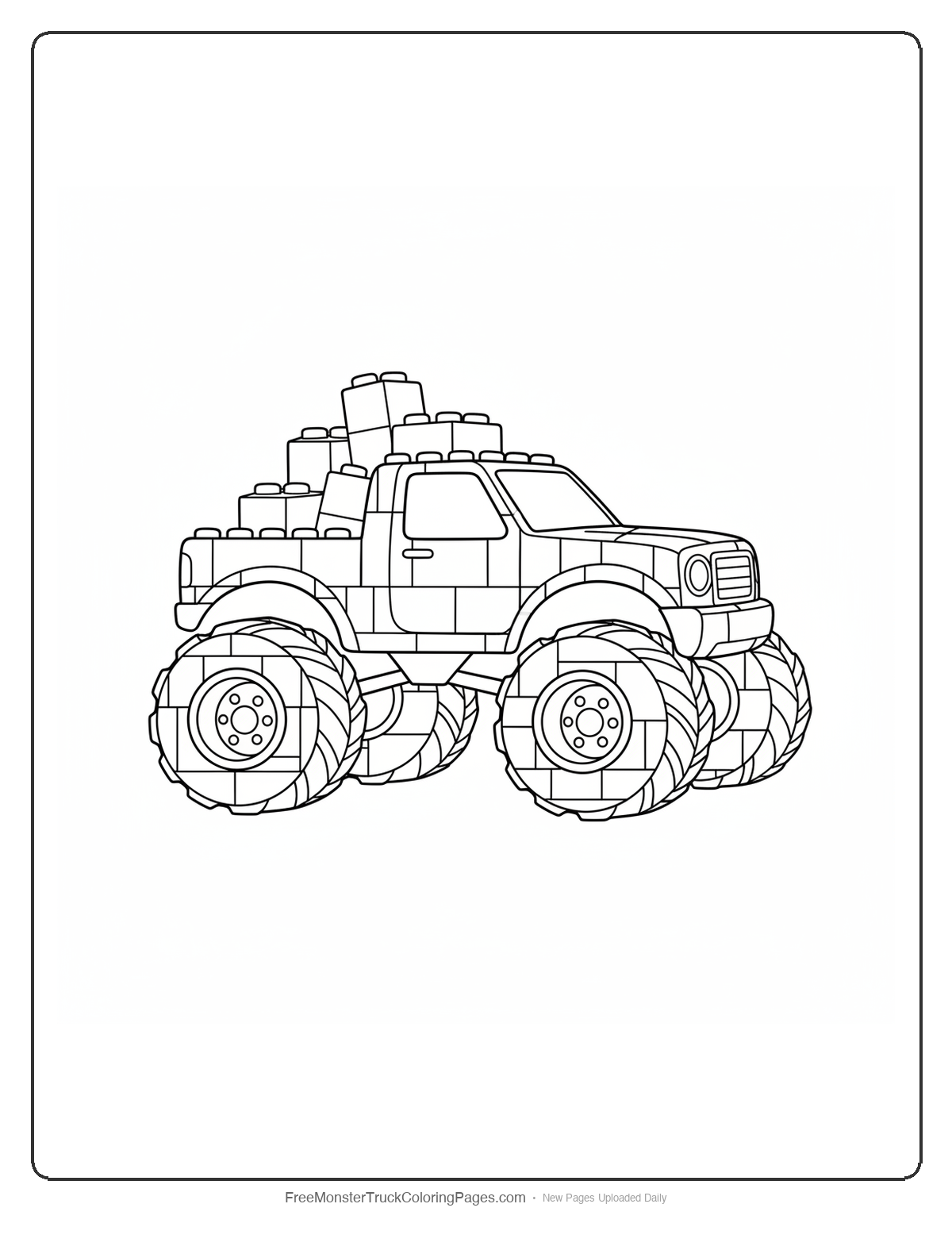 Monster truck coloring page with building blocks decorating the body and wheels