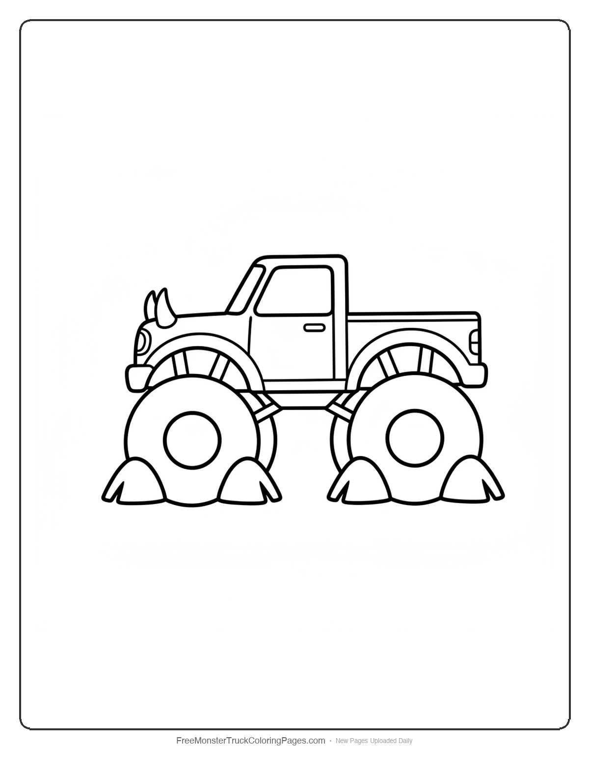 Black and white coloring page of a simple monster truck with bull hoof shaped wheels and two small horns on the hood