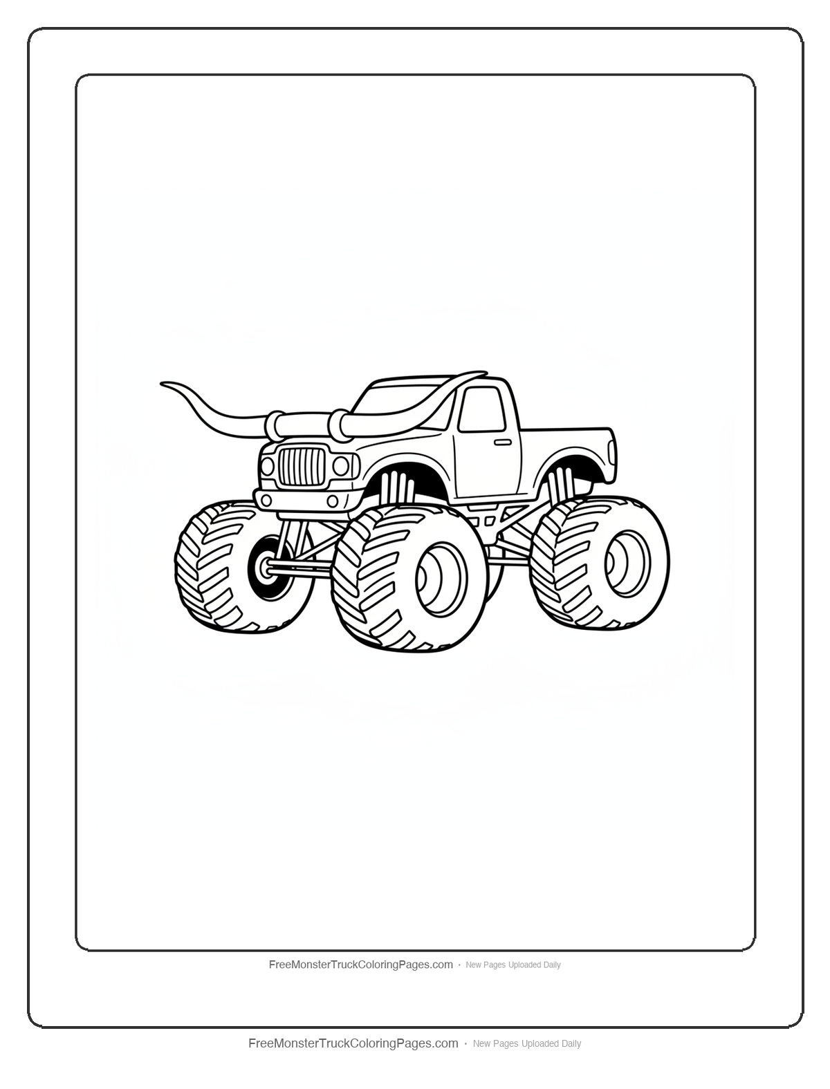 Black and white coloring page of a monster truck with huge Texas longhorn steer horns mounted across the front hood