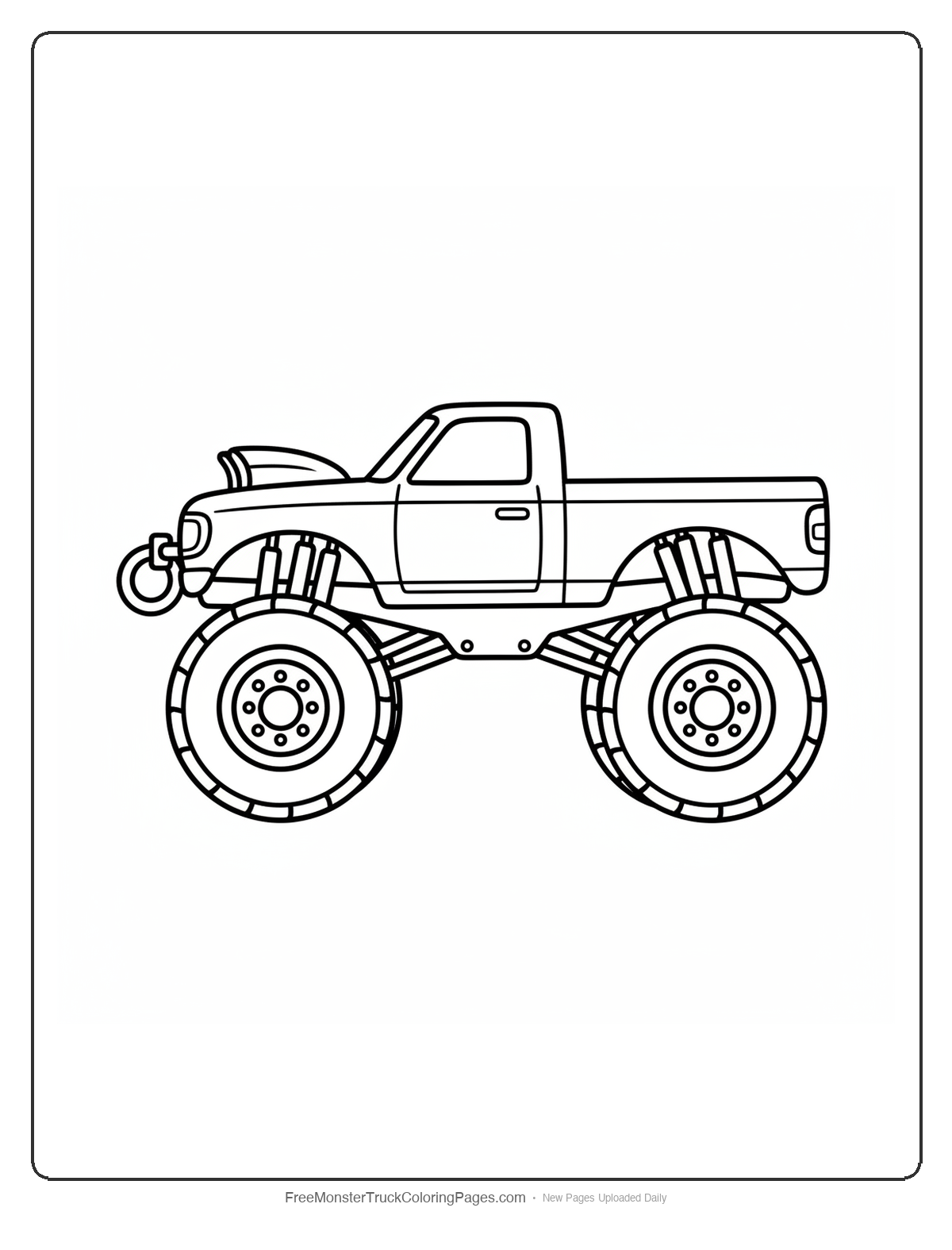 Black and white coloring page of a monster truck with a large nose ring hanging from the center grille and nostril air scoops above