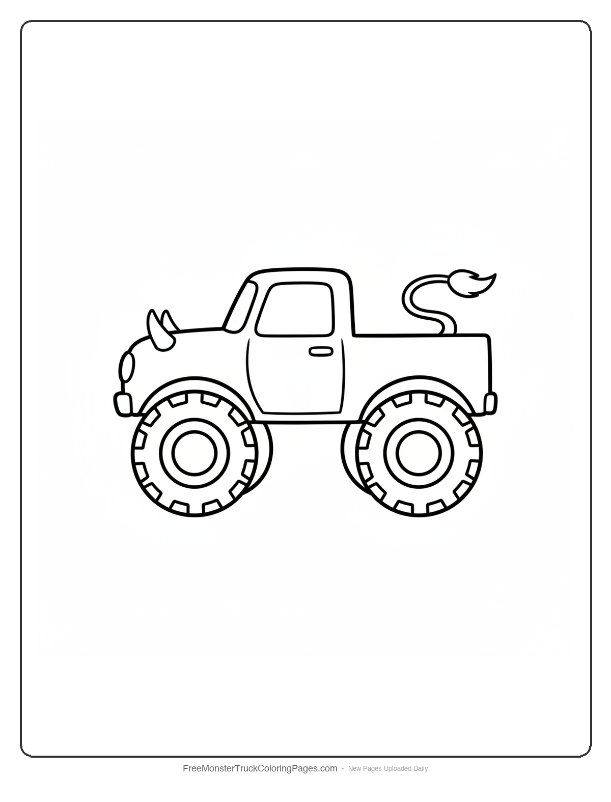 Black and white coloring page of a simple monster truck with a curved bull tail as the rear spoiler and two small horns on the hood