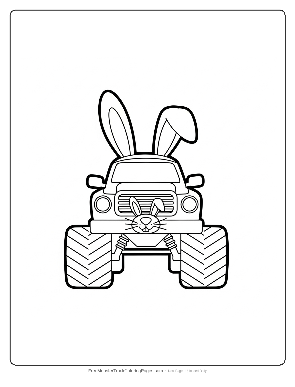 Monster truck coloring page with bunny ears, nose and whiskers for Easter