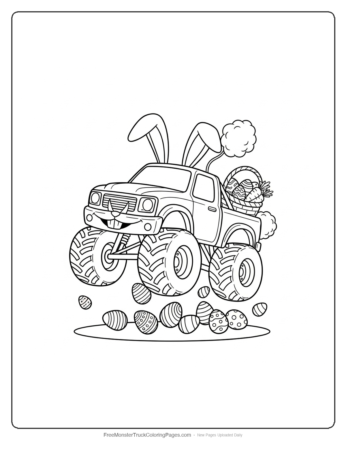 Black and white coloring page of a monster truck decorated with bunny ears and tail, jumping over Easter eggs