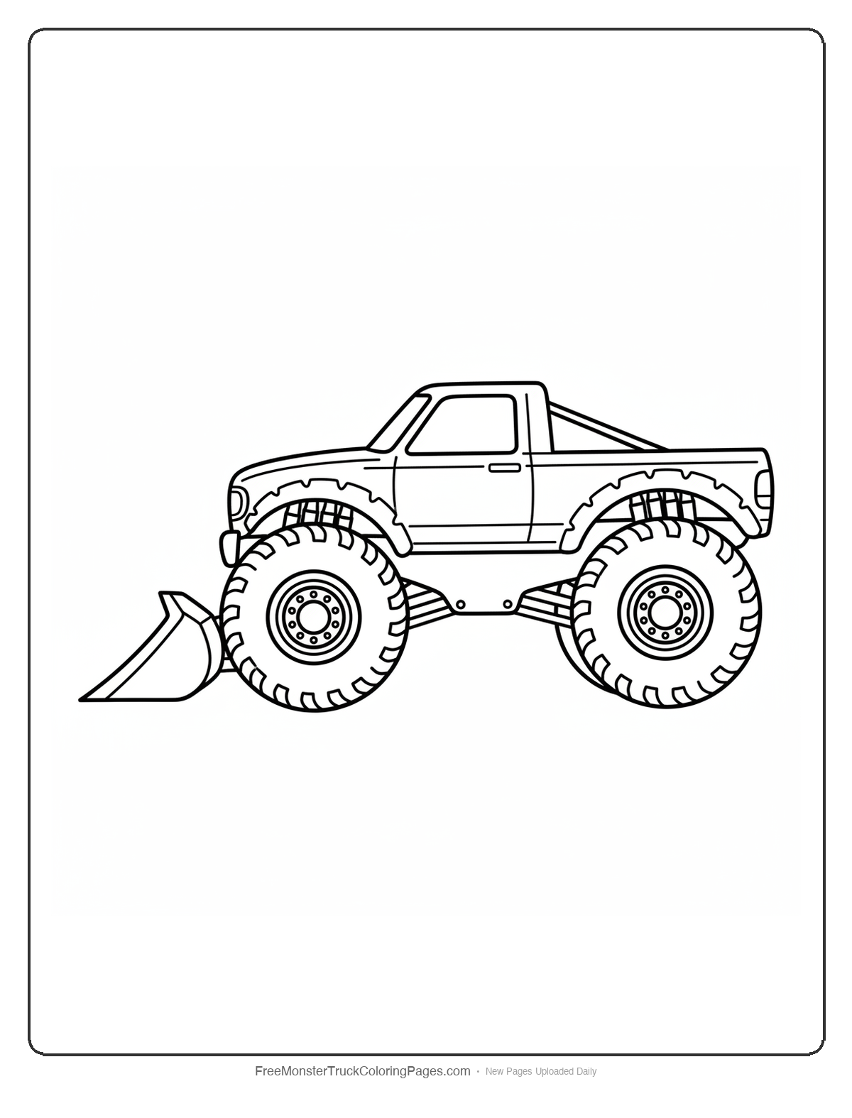Black and white coloring page of a monster truck with a wide scoop-shaped front bumper like a wolverine digging, with large dirt-flap fenders