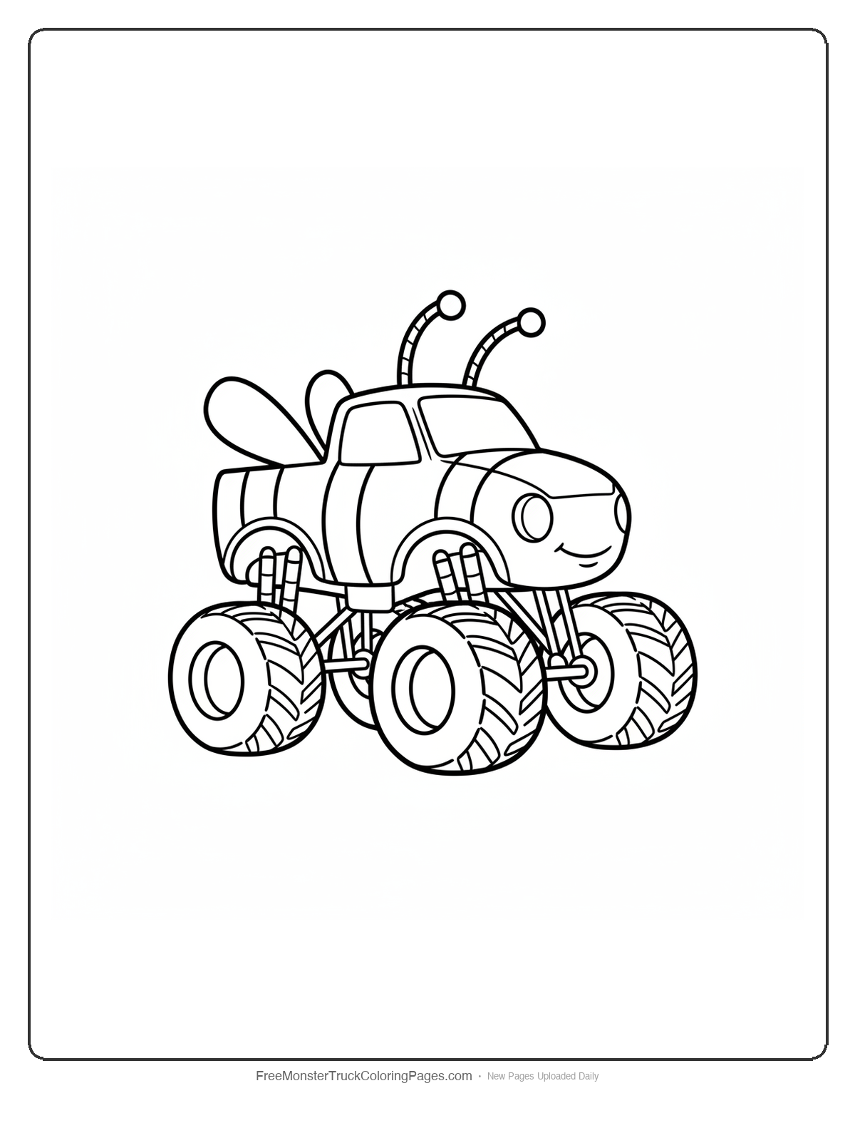Monster truck designed like a bee with horizontal stripes across the body, small wings, and antennae on white background