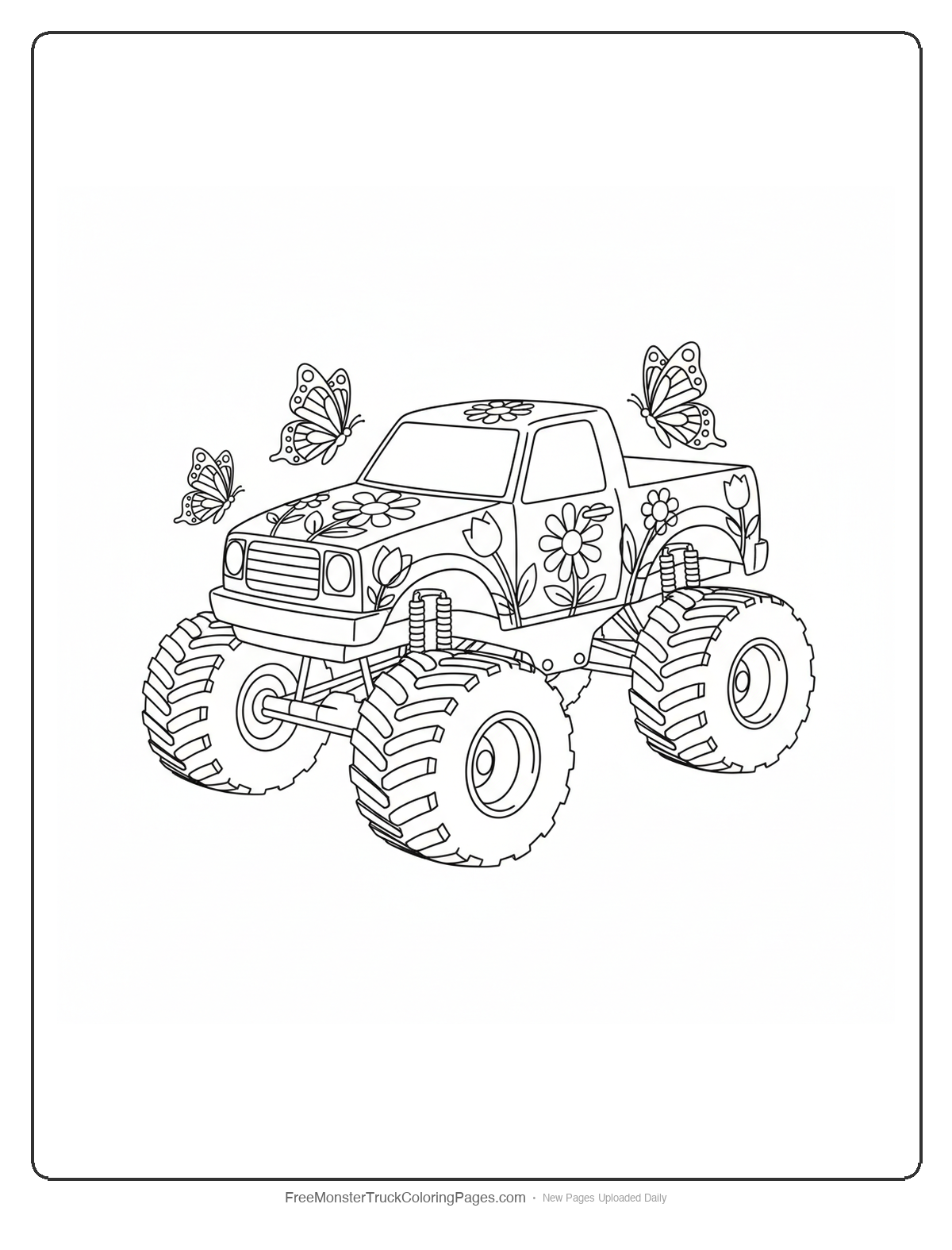 Coloring page of a monster truck decorated with butterflies and flowers creating a garden scene