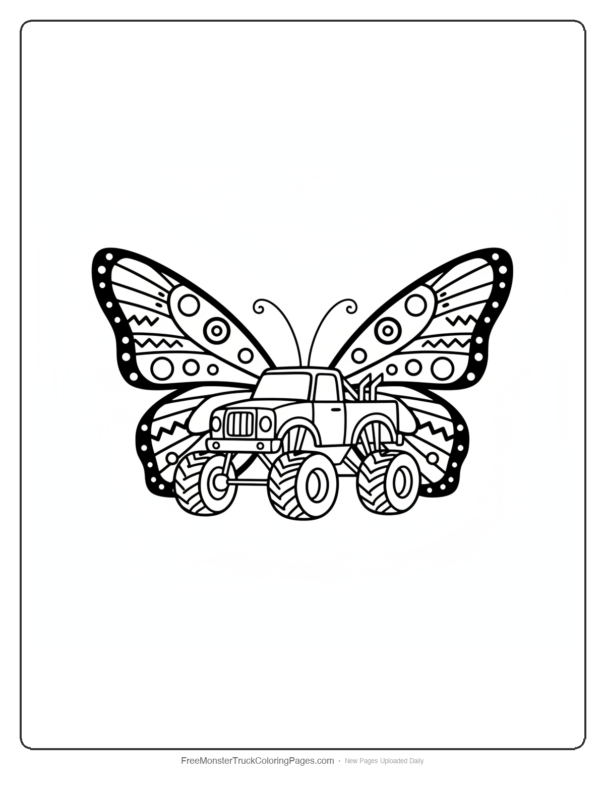 Monster truck with large butterfly wings featuring intricate patterns, antennae, and decorative wing details on white background