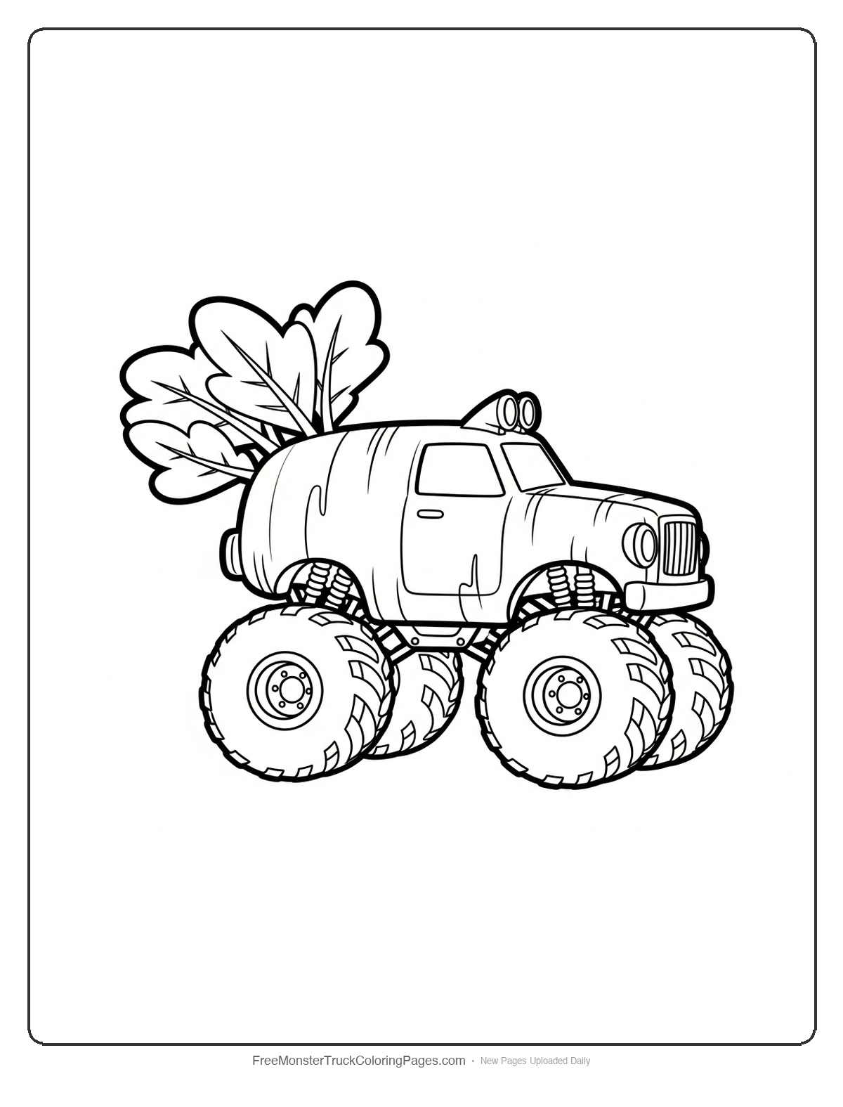 Monster truck coloring page shaped like a carrot with green leafy top