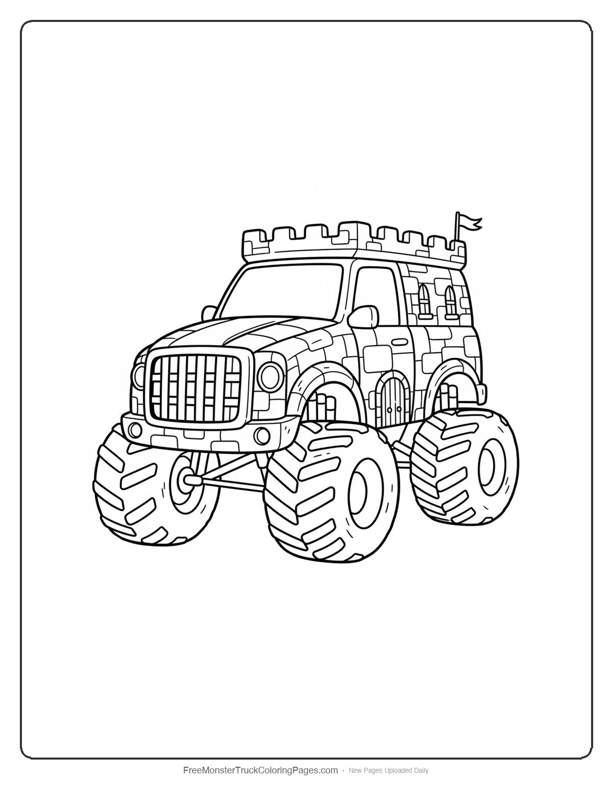 Coloring page of a monster truck designed to look like a castle gate with portcullis pattern and stone wall textures