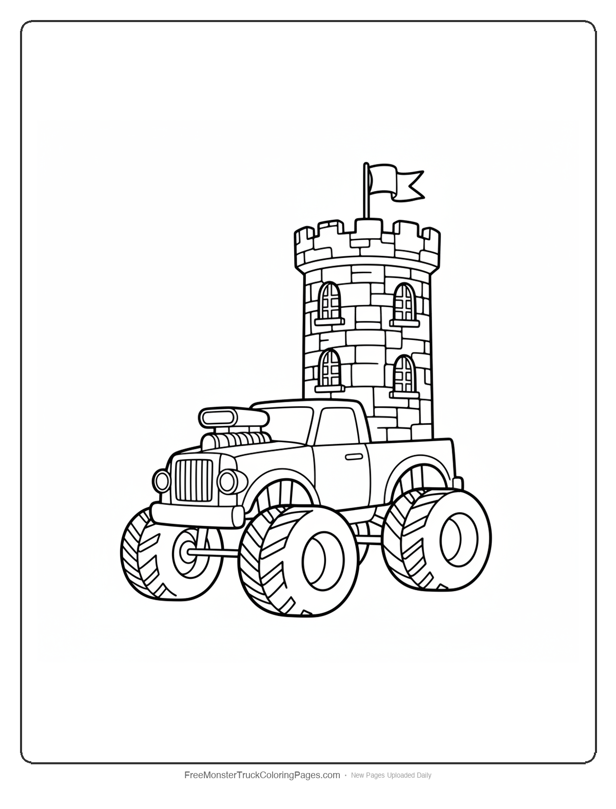 Coloring page of a monster truck with a castle tower structure on top, featuring windows, a flag, and medieval details