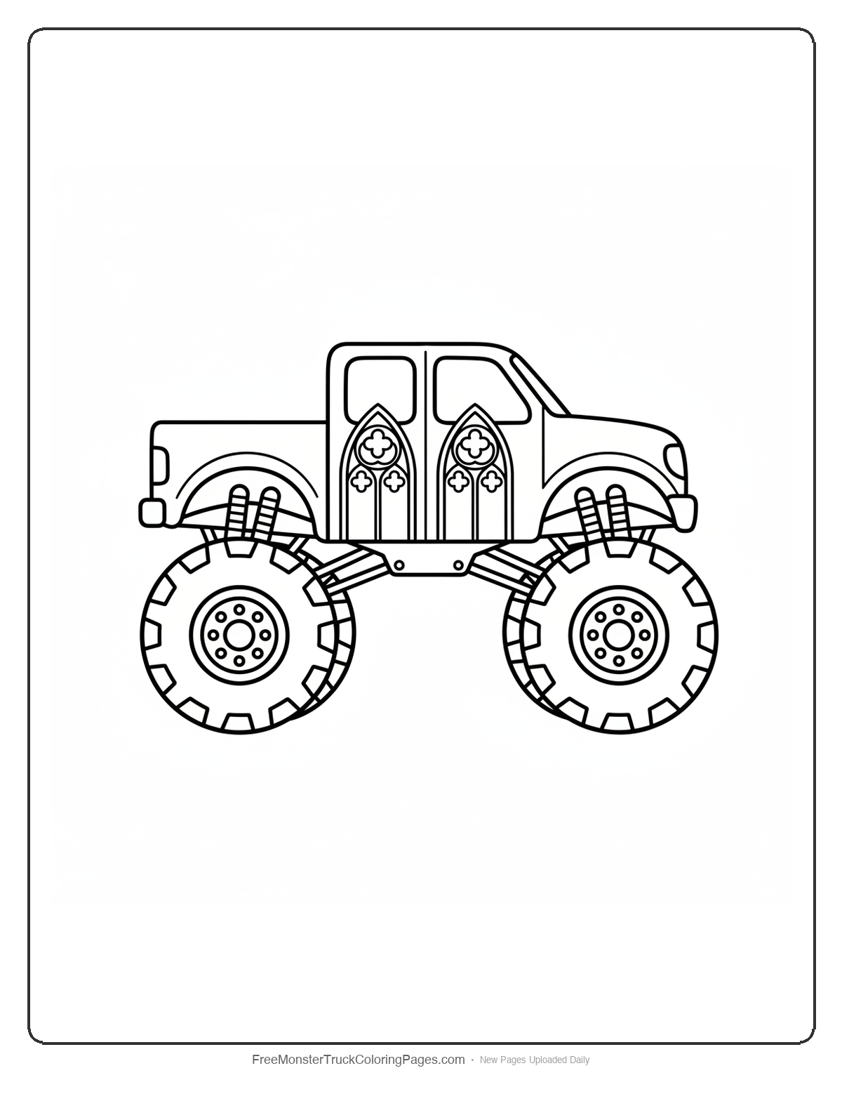 Black and white coloring page of a monster truck with doors shaped like gothic pointed arch cathedral windows