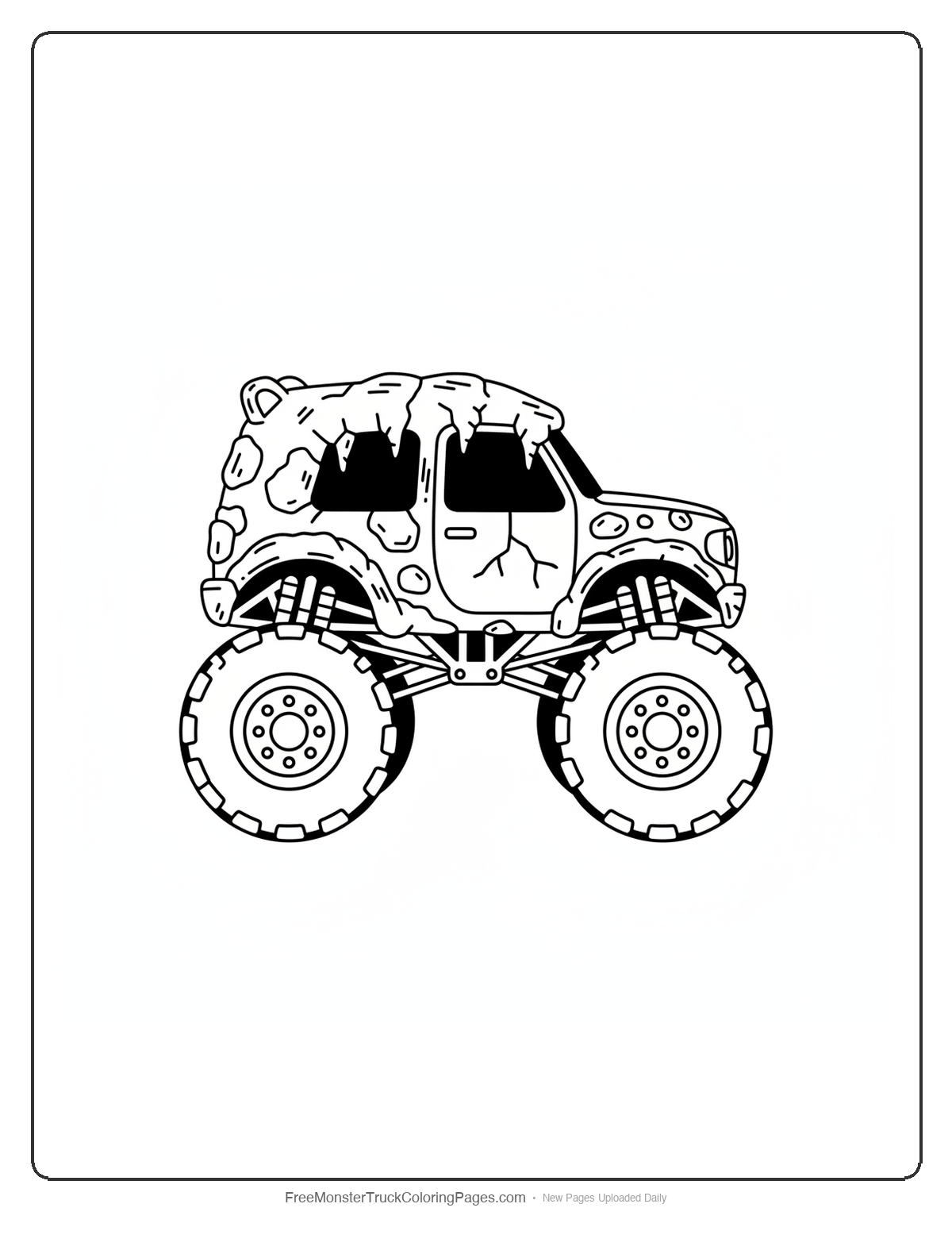 Black and white coloring page of a monster truck with the cab shaped like a rocky bear cave entrance with stalactites