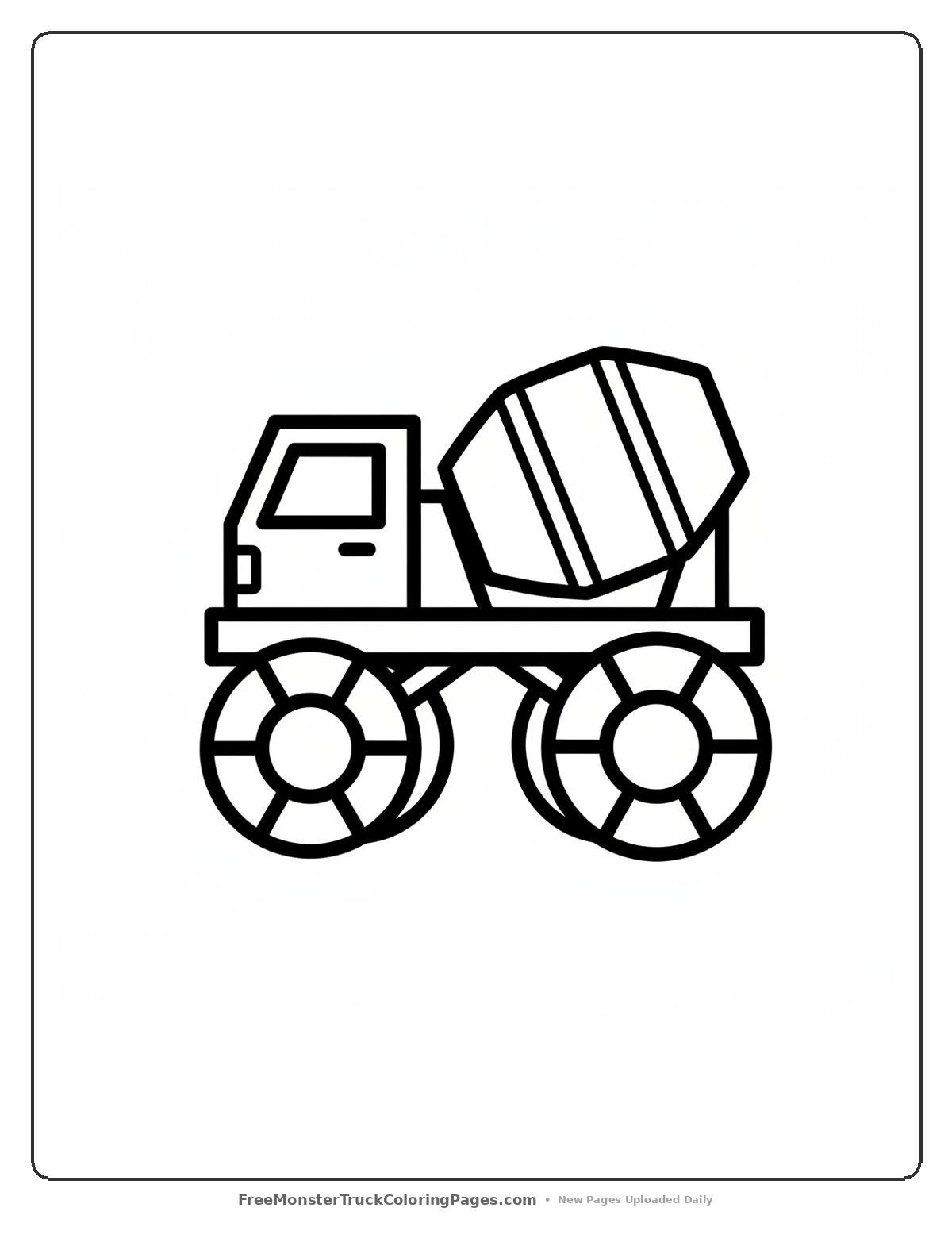 Black and white coloring page of a monster truck with a cement mixer drum and oversized wheels