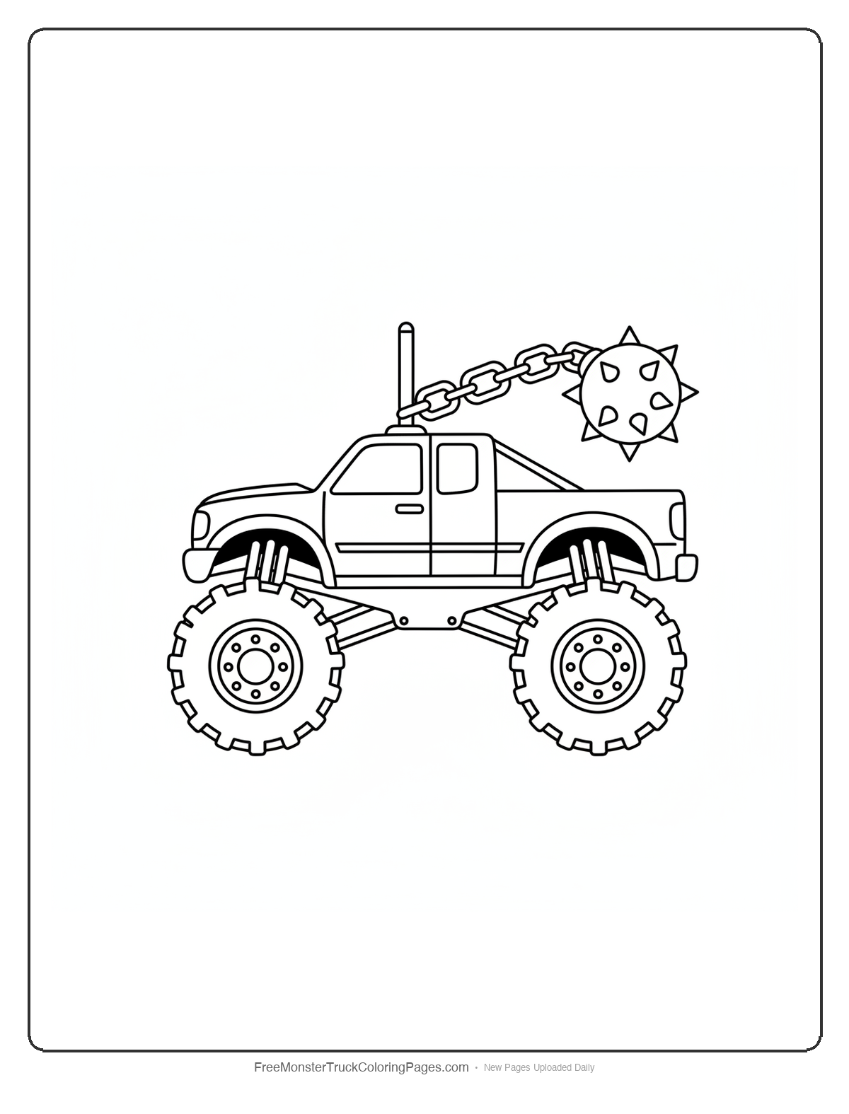 Black and white coloring page of a monster truck with a radio antenna shaped like a medieval chain flail with a spiked ball on top