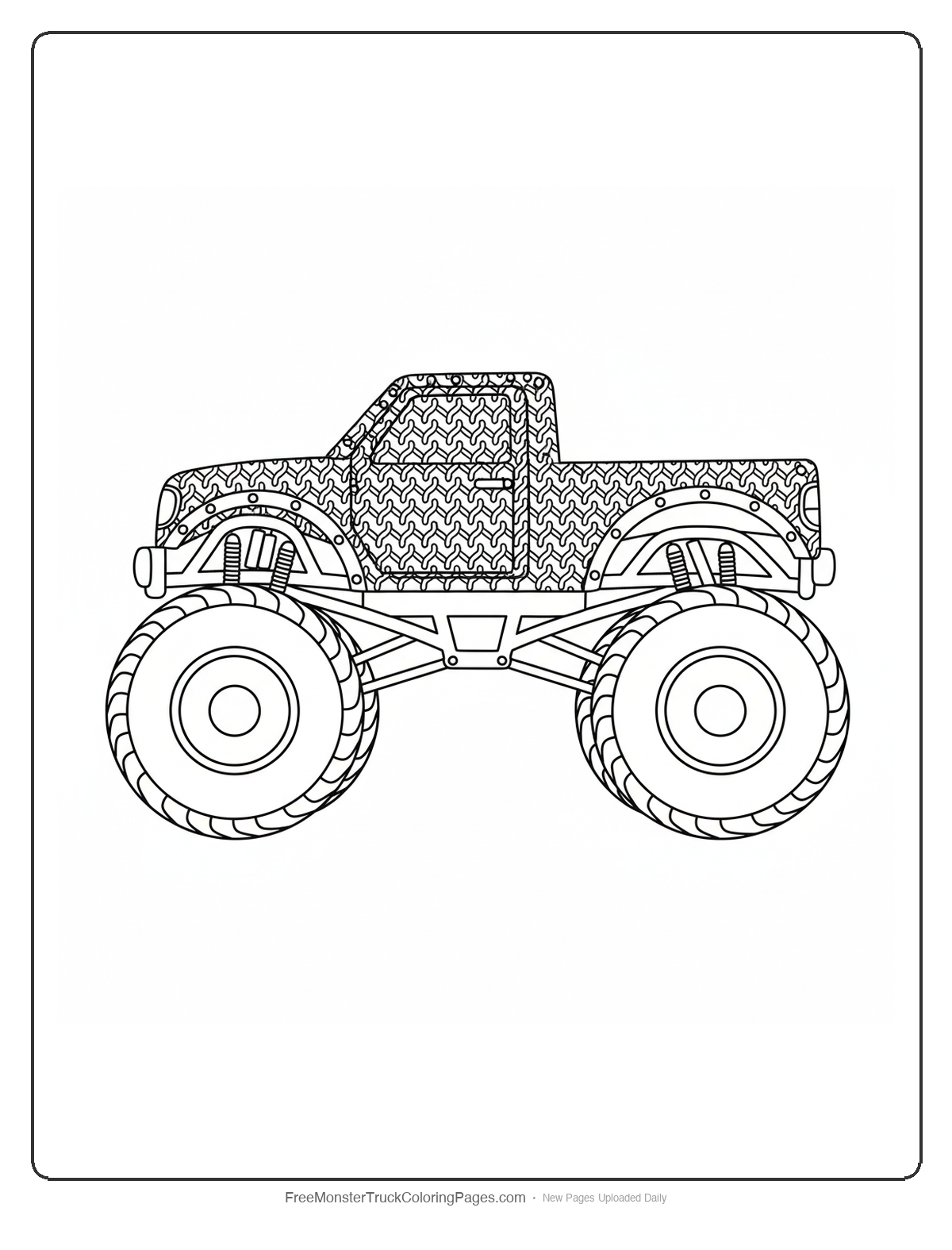 Black and white coloring page of a monster truck with a cab covered in a chainmail mesh pattern with iron rivets along the edges