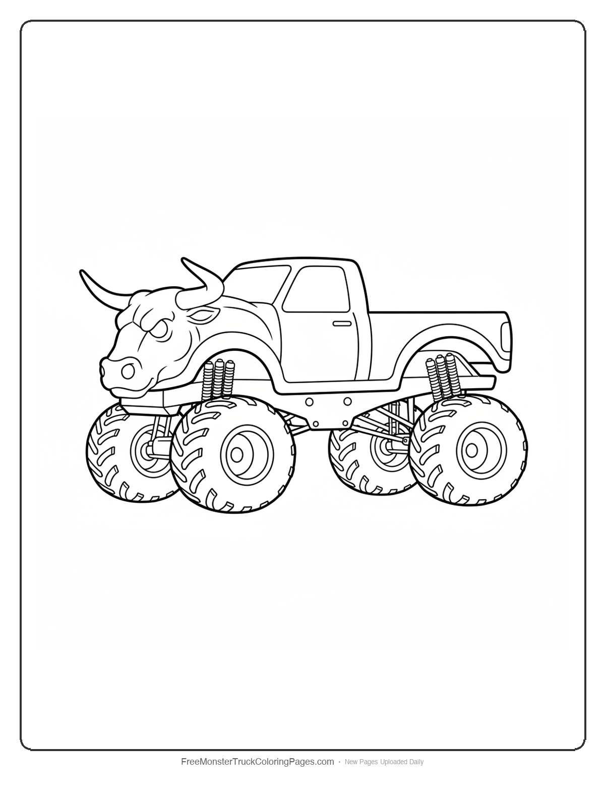 Black and white coloring page of a monster truck with a hood shaped like a bull's lowered charging head with nostril air intakes