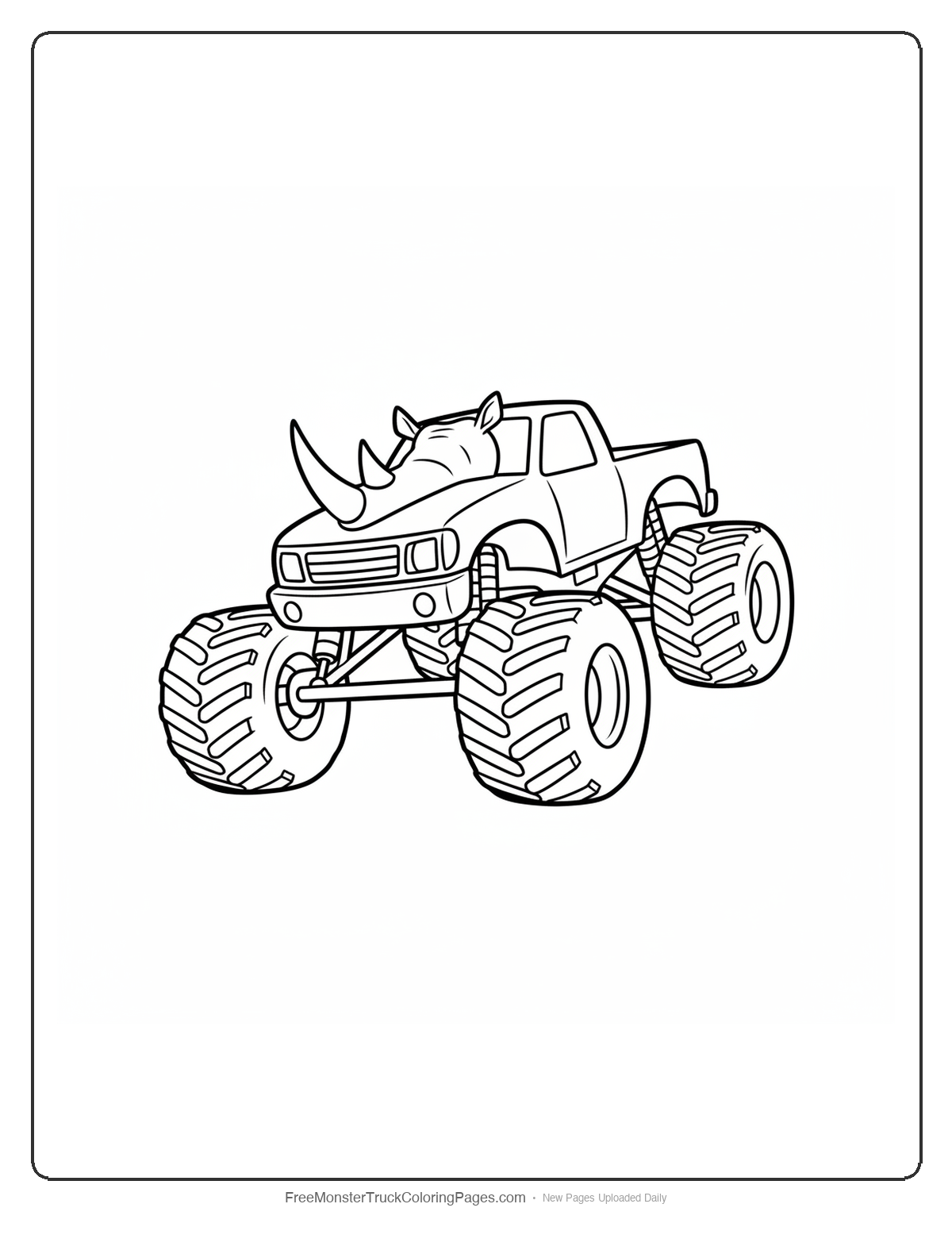 Black and white coloring page of a monster truck leaning aggressively forward in a charging stance with front low and hood horn aimed forward