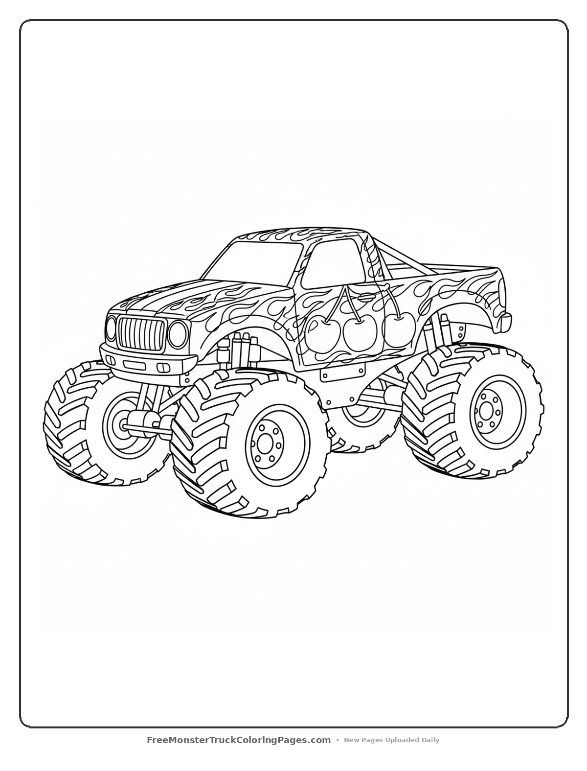 Black and white coloring page of a detailed monster truck decorated with cherries, stems, and racing flames