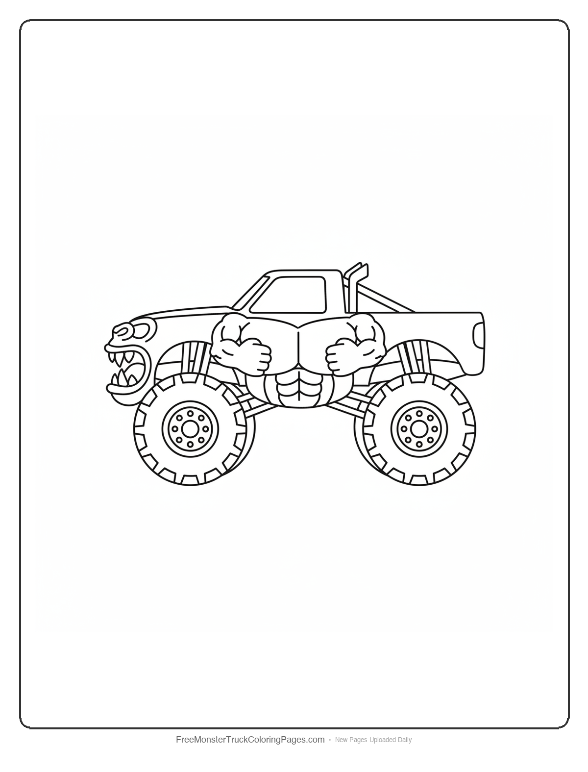 Black and white coloring page of a monster truck with side-mounted exhausts and gorilla chest shaped hood