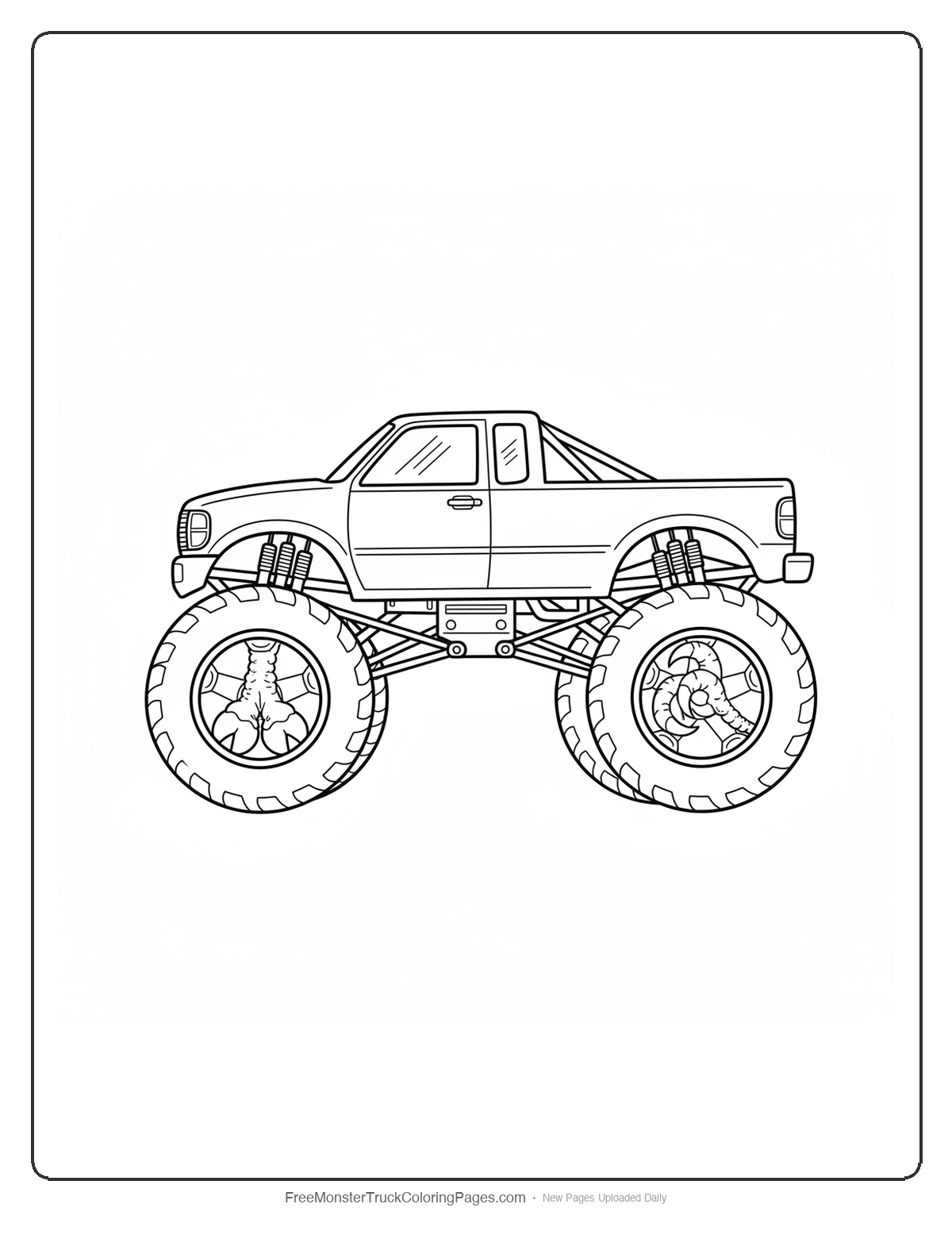 Black and white coloring page of a monster truck where each wheel hub has a different animal claw design